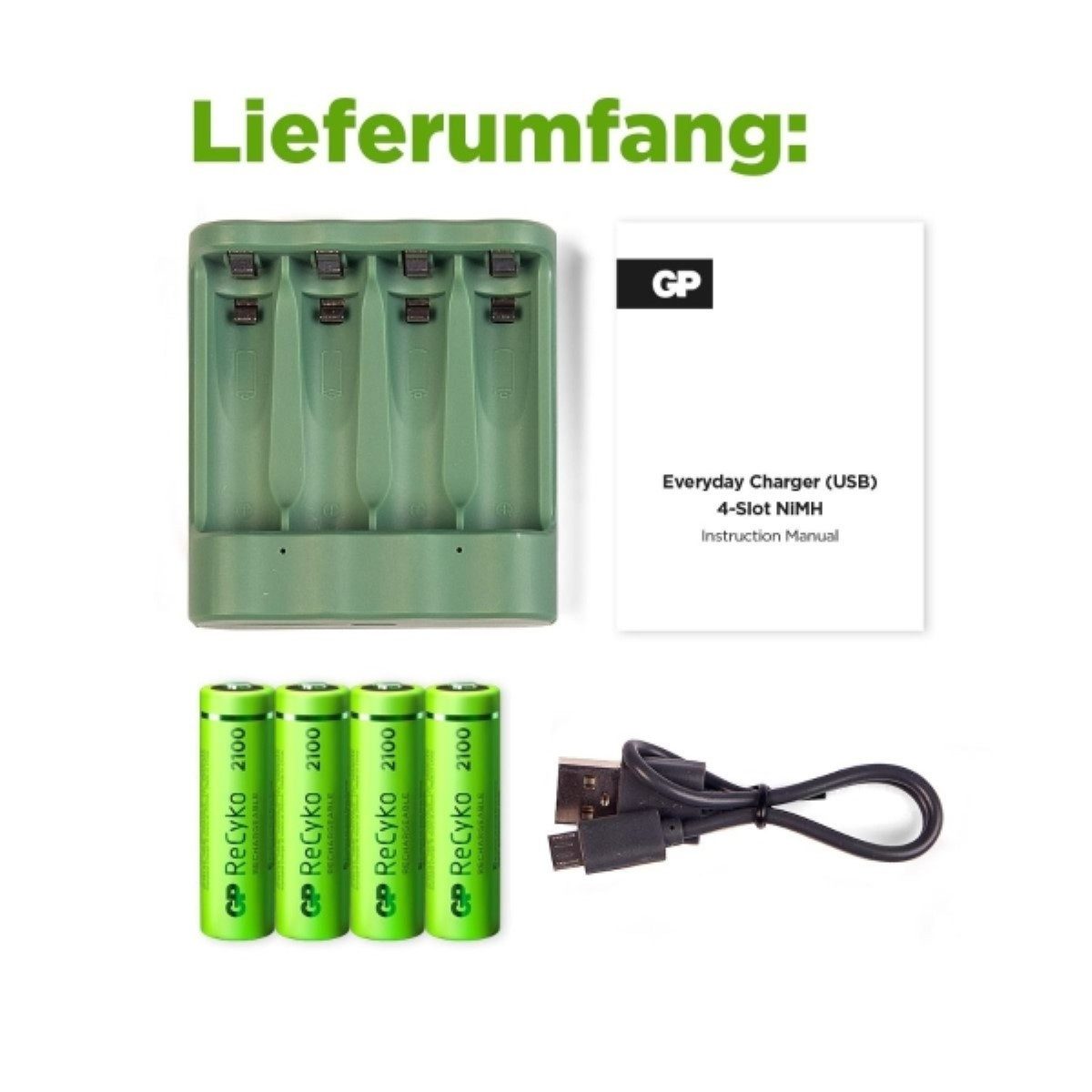 GP Batteries USB Akku-Ladegerät AA / AAA + 4x AA-Akku ReCyko Akku-Set Mignon 2100 mAh (1,2 V, 5 St), Kompakt Lader B421 + 4x AA 2100mAh Mignon LR06 LR6 Batterie Accu