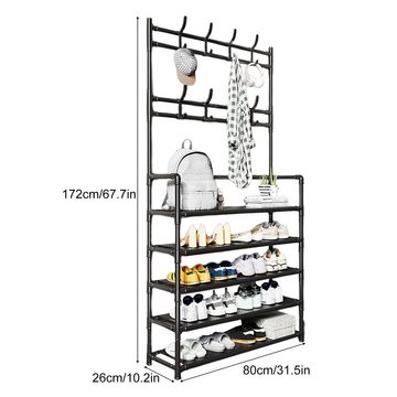 Rutaqian Garderobenständer Kleiderständer, Schuhregal,Stabil Kleiderständer mit ablage und Haken, (80cm x 26cm x 172cm), Shoe Rack für Eingang, Garderobenständer, Wohnzimmer, Schlafzimmer