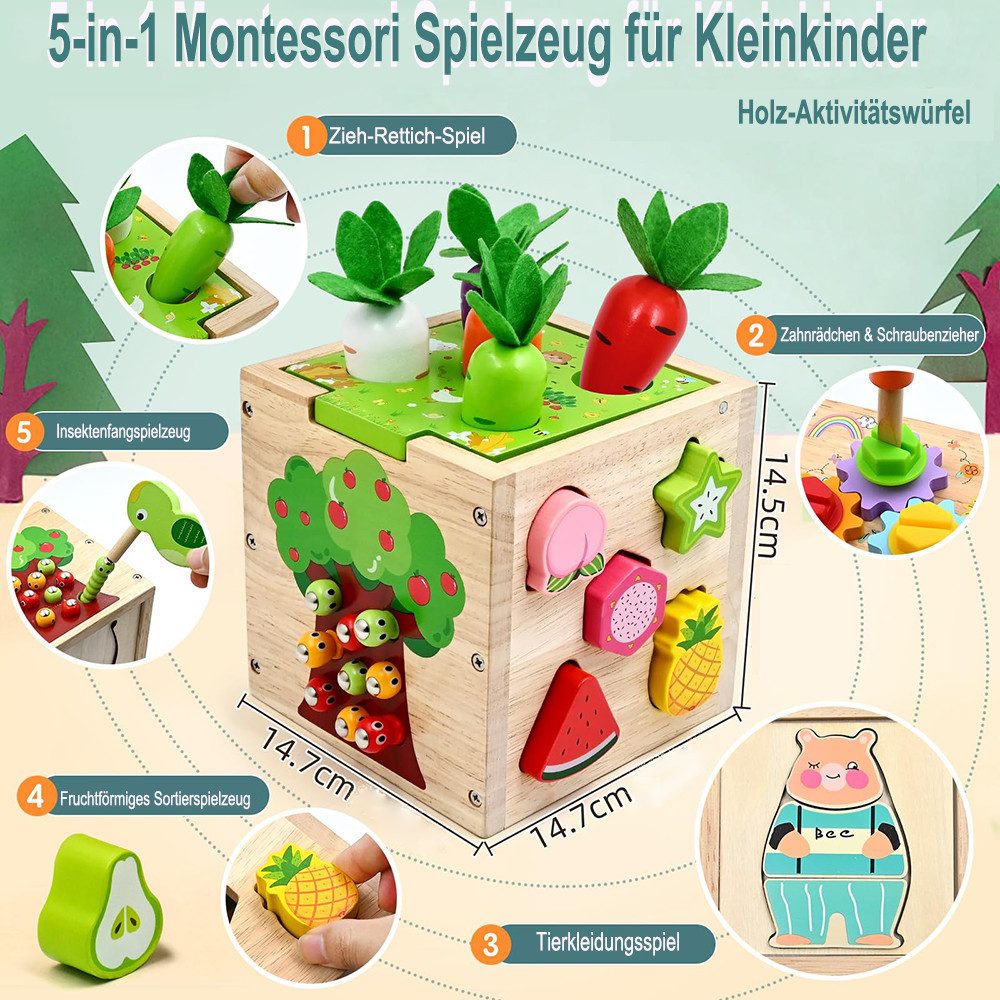 CLTYQ Motorikwürfel 5 in 1 Aktivitätswürfel Spielzeug ab 3 Jahr Geschenk,Motorikspielzeug, (39-tlg), Montessori Lernspielzeug Steckwürfel Holzspielzeug für Kinder