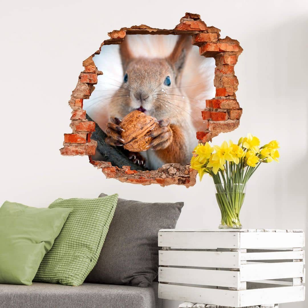 K&L Wall Art Wandtattoo 3D Wandtattoo Waldtiere Wandsticker Kinder Eichhörnchen mit Nuss, Mauerdurchbruch Wandbild selbstklebend