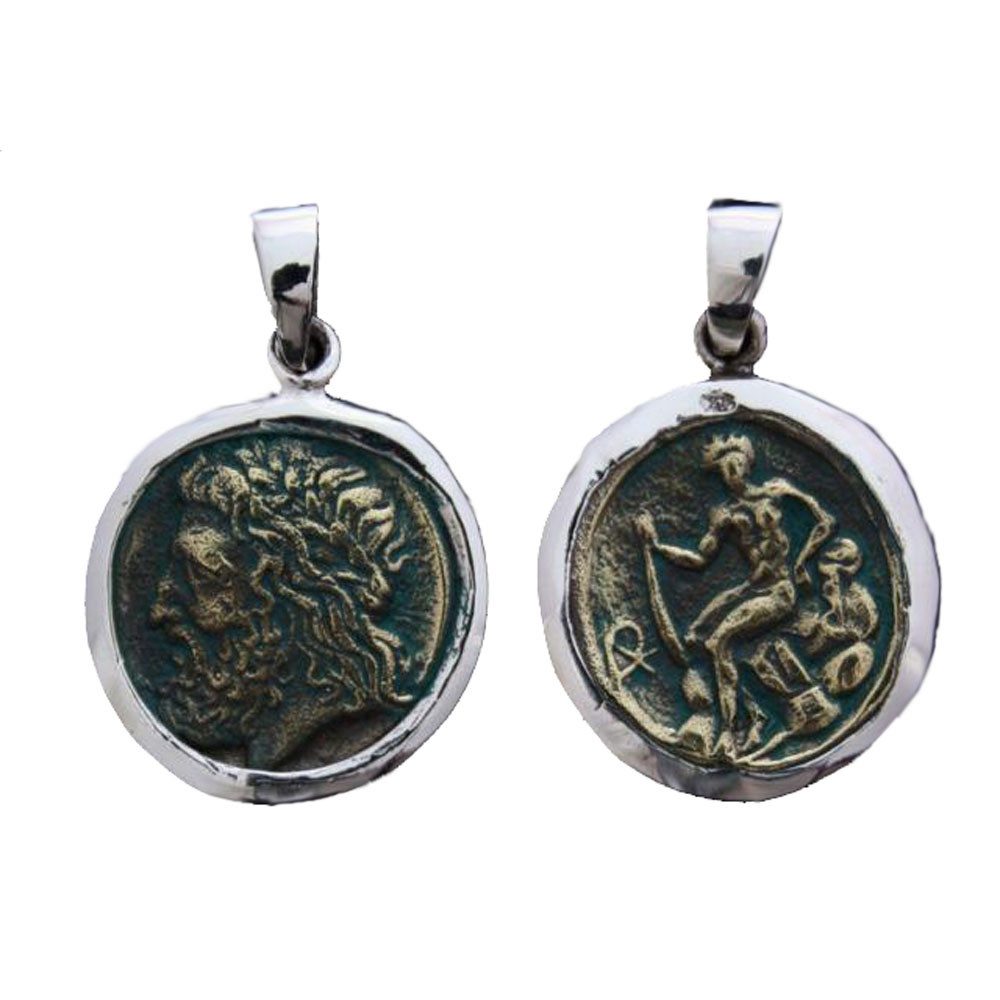 Kettenanhänger Anhänger Münze Göttervater Zeus 925er Silber Schmuck - Vögel - 36x14mm