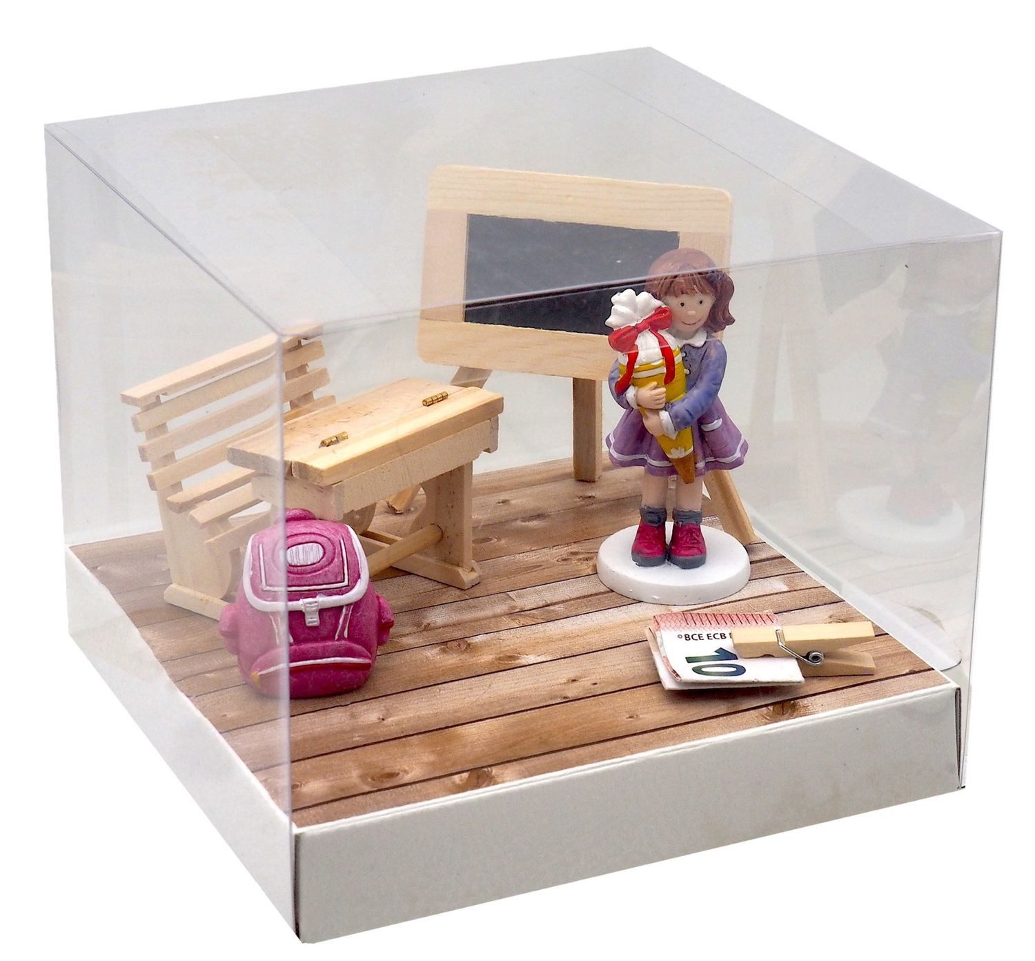 ZauberDeko Geschenkbox Geldgeschenk Verpackung Einschulung Schulanfang Schulbank Mädchen