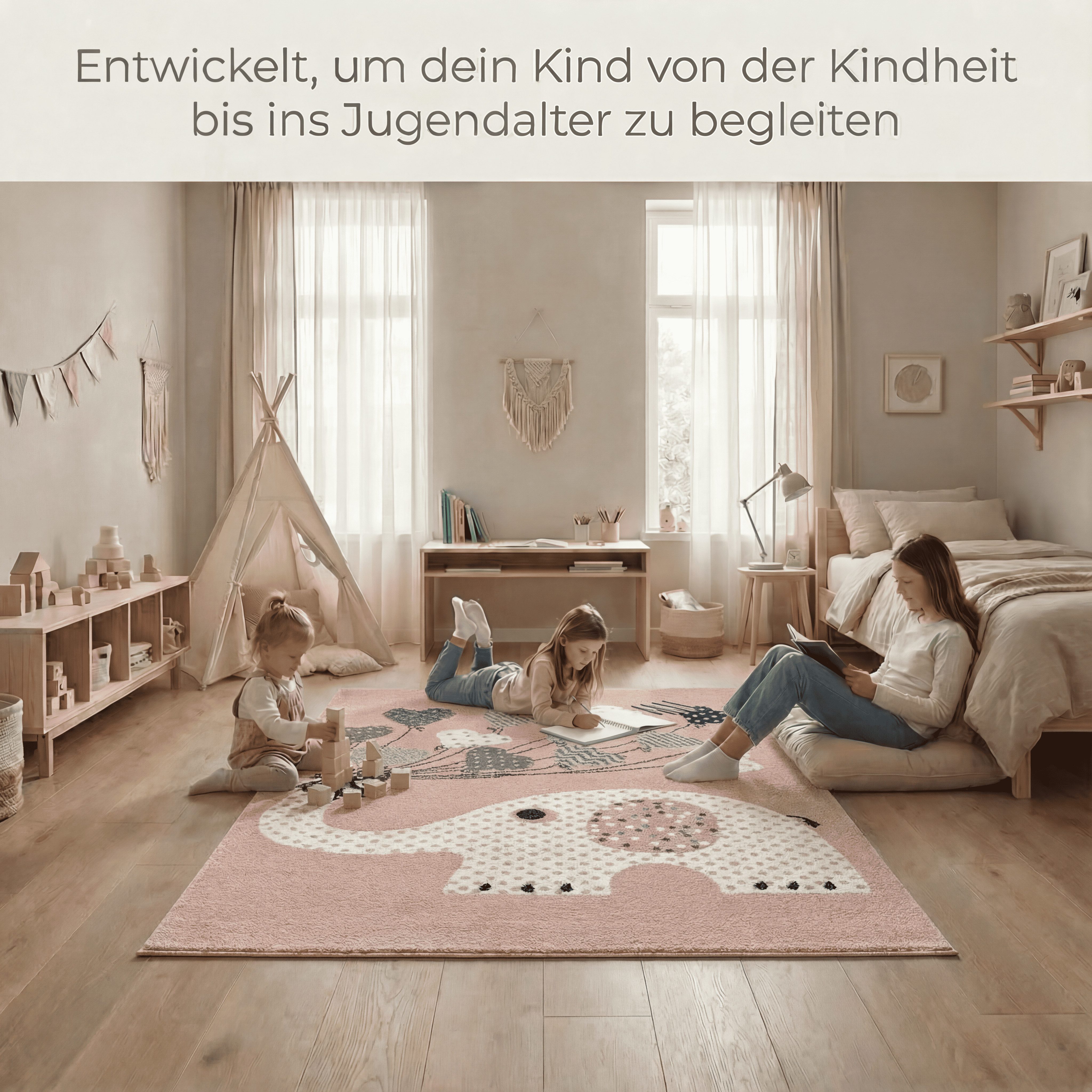 Jimri Kinderteppich Elefant mit Luftballons, Läufer, Kurzflor
