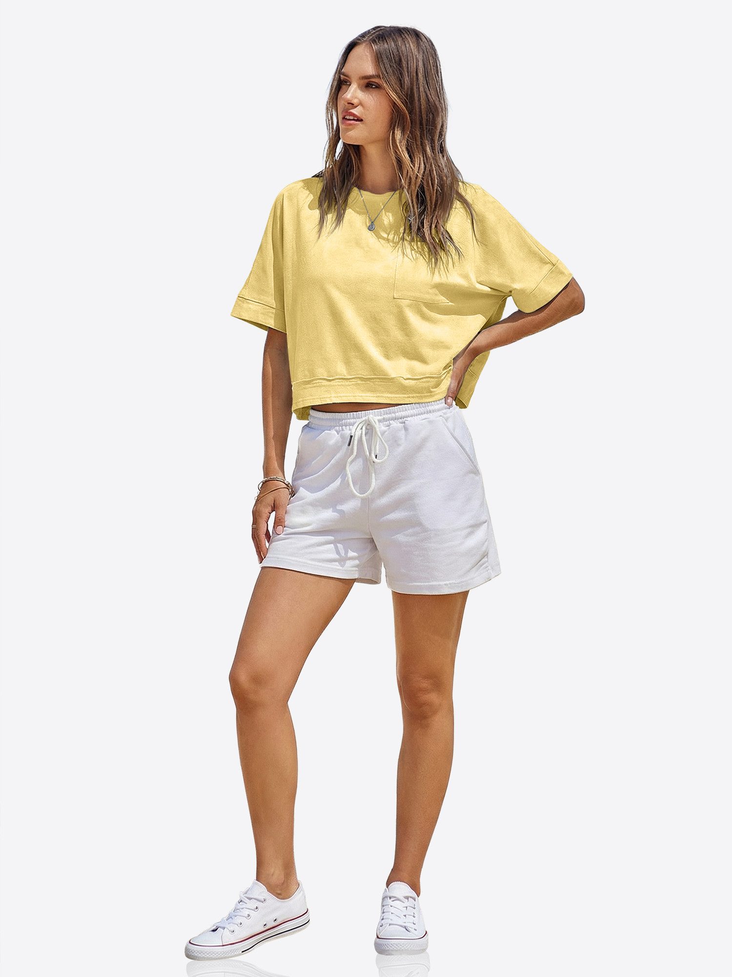 Imily Bela T-Shirt Damen Oversize Cropped Kurzarm Sommer Basic Casual mit Brusttasche (Packung, 1-tlg., 1per-Pack) mit Rundhalsausschnitt in Unifarbe