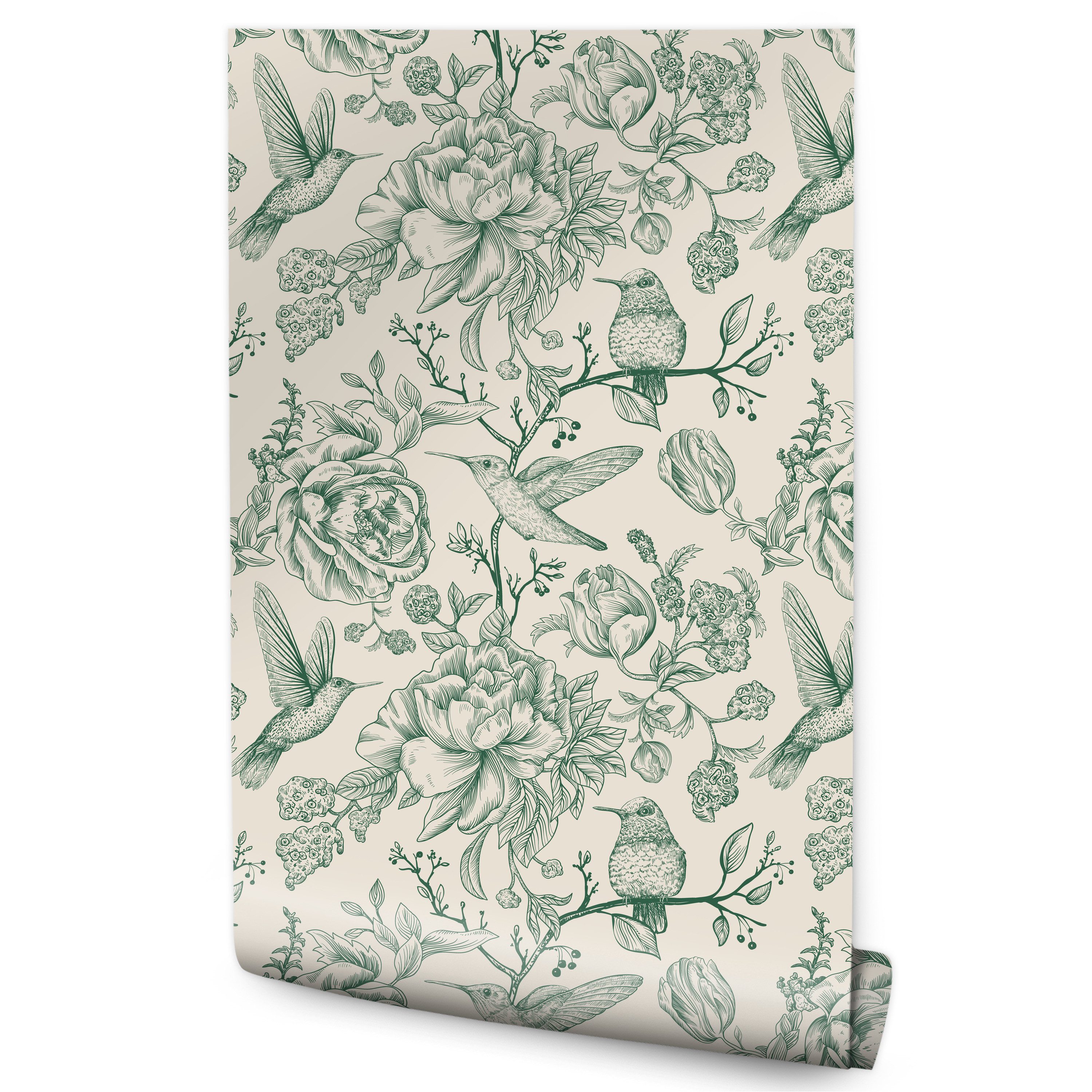 Muralo Vliestapete Wandtapete Blumen – Fototapete Vlies 0,50 x 10 m Wohnzimmer, floral, Kolibris zwischen den Pfingstrosen, Rolle 0,50 x 10 m, Vlies 130 g/m²