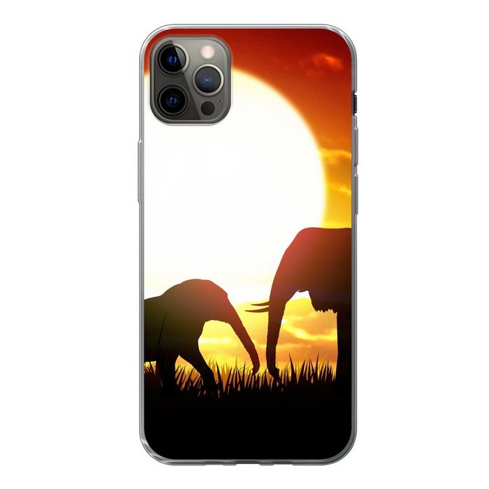 MuchoWow Handyhülle Eine Illustration von Elefanten bei Sonnenuntergang Handyhülle Apple iPhone 12 Pro Max Smartphone-Bumper Print Handy