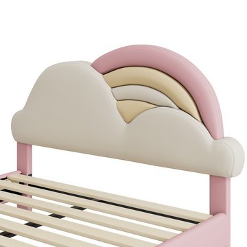 MODFU Kinderbett mit kuscheligem Regenbogenwolken-Kopfteil (Kinderbett, Holzlattenrost 140x200cm), ohne Matratze