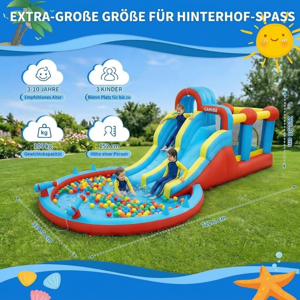 GarveeMore Hüpfburg XXL mit Wasserrutsche Hüpfburg Outdoor Wasserrutsche, Aufblasbarer Kinderpool mit Rutsche & Kletterwand, für Innen & Außen