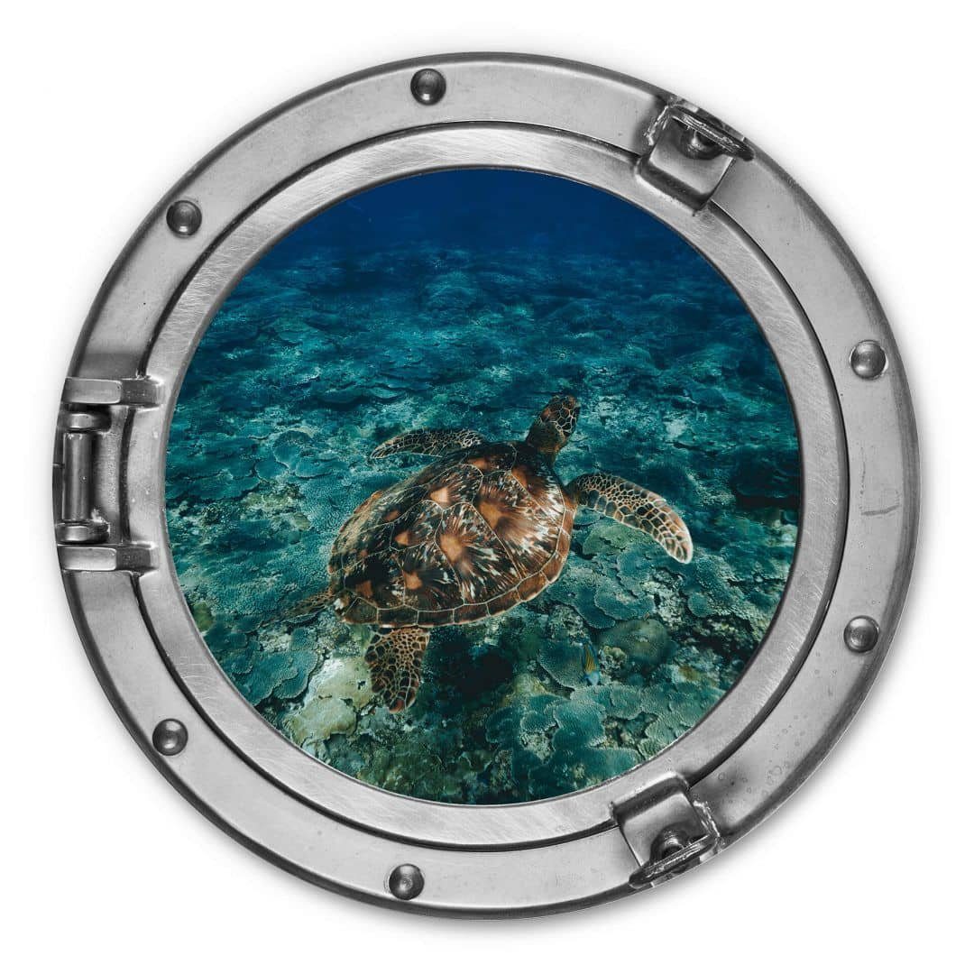 K&L Wall Art Alu-Dibond-Druck Metallposter Rund Bullauge U-Boot Maritime 3D Optik Schildkröte, Metalloptik Wandbild Ø 30cm