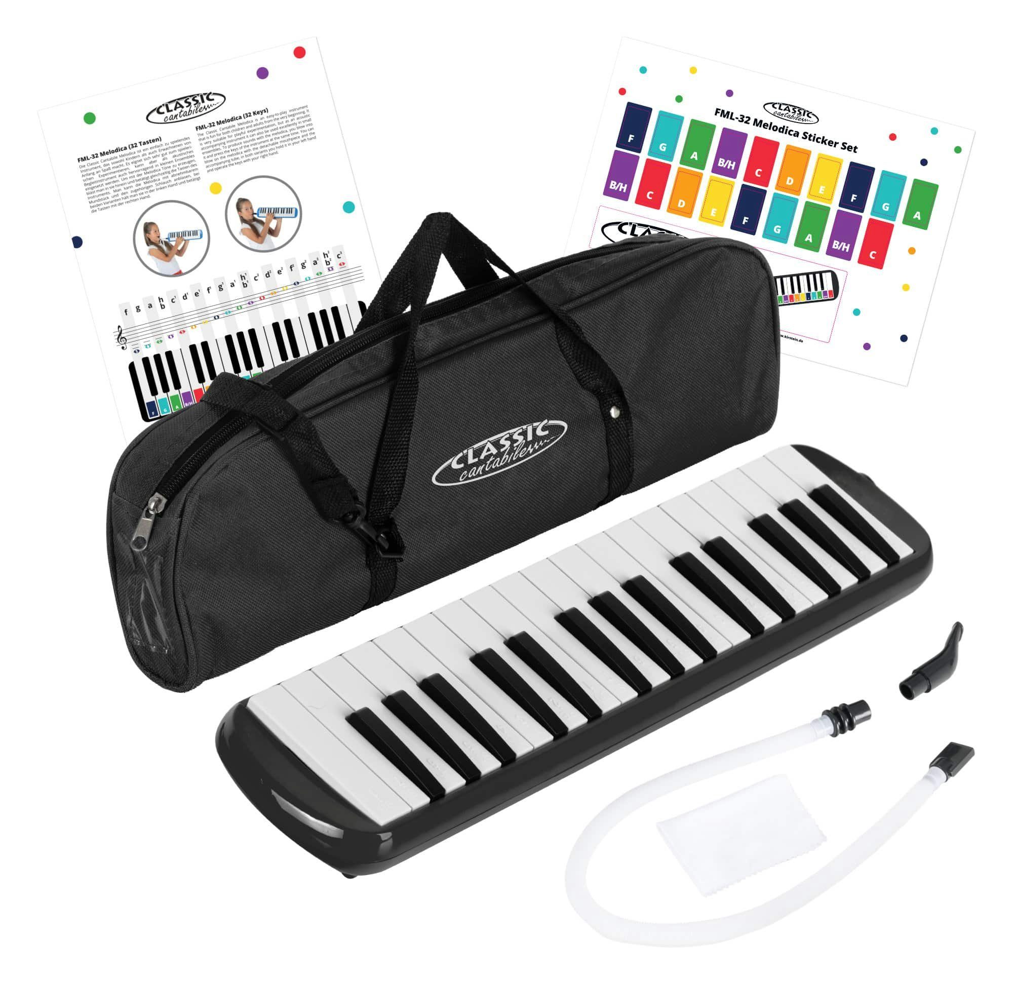 Classic Cantabile Melodica Blasharmonika mit 32 Tasten - Melodica Instrument f - c³, Anfänger-Set, 6-St., Mit Etui, Mundstück und Anblasschlauch, Booklet mit 5 Kinderliedern und bunten Aufklebern