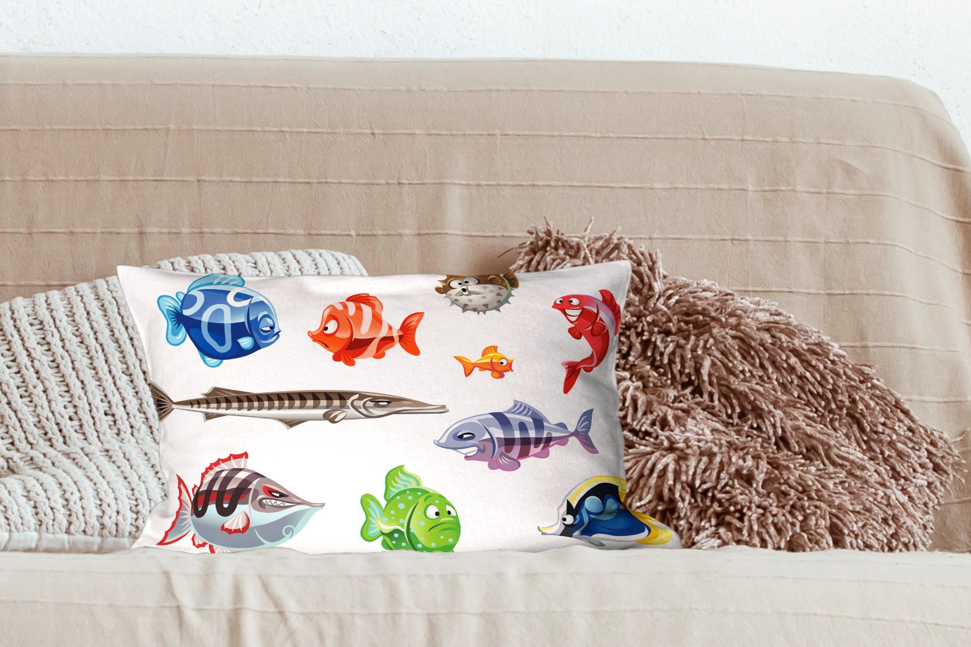MuchoWow Dekokissen Eine Illustration von Dekokissen Zierkissen, animierten Schlafzimmer mit zehn Fischen, Wohzimmer Füllung, Dekoration