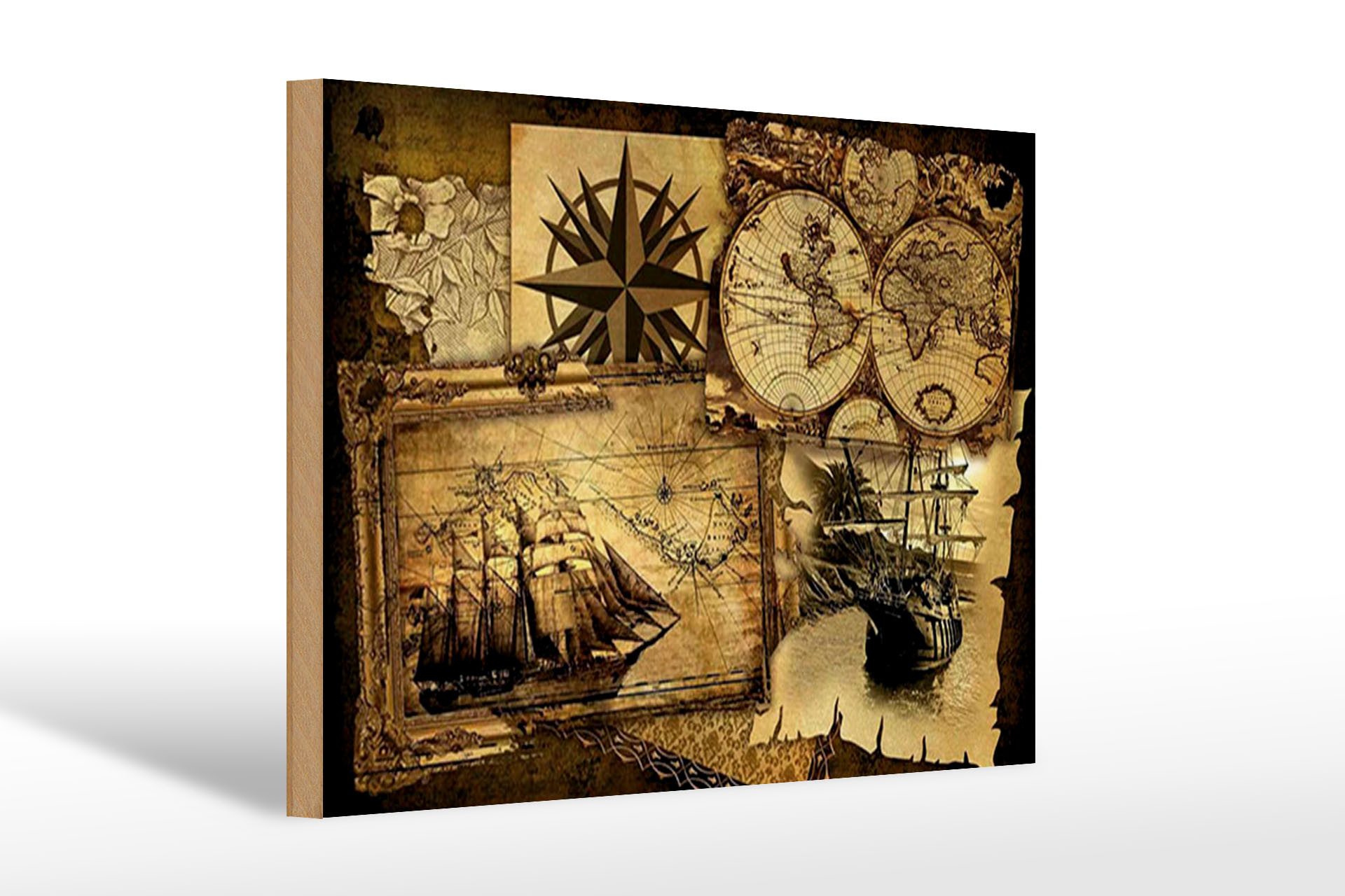 Femer GmbH Holzbild Retro 20x30 cm Landkarte Schiffe Kompassstern, (1 St), Glatte Holzfaserplatte (MDF), vorn beschichtet