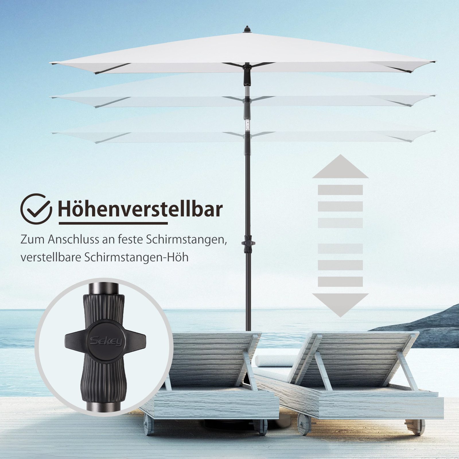 Sekey Sonnenschirm Rechteckig Höhenverstellbar Balkonschirm Knickbar, mit Schutzhülle, LxB: 210,00x140 cm, Sonnenschutz UPF50+, Kippbar, Höhenverstellbar Sonnen – Bild 4 von 5