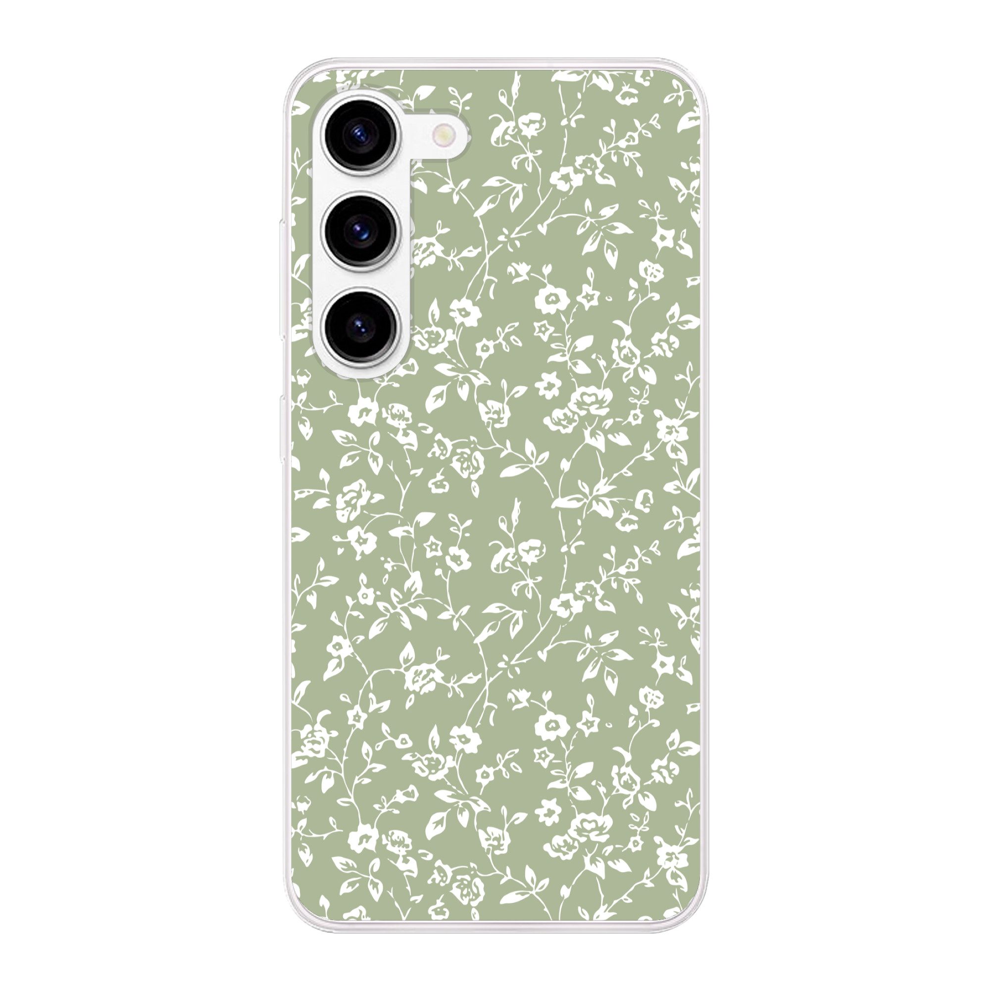 MuchoWow Handyhülle für Samsung Galaxy S23 Blumen - Druck - Grün - Weiß, Phone Case, Silikon, Schutzhülle Dünn