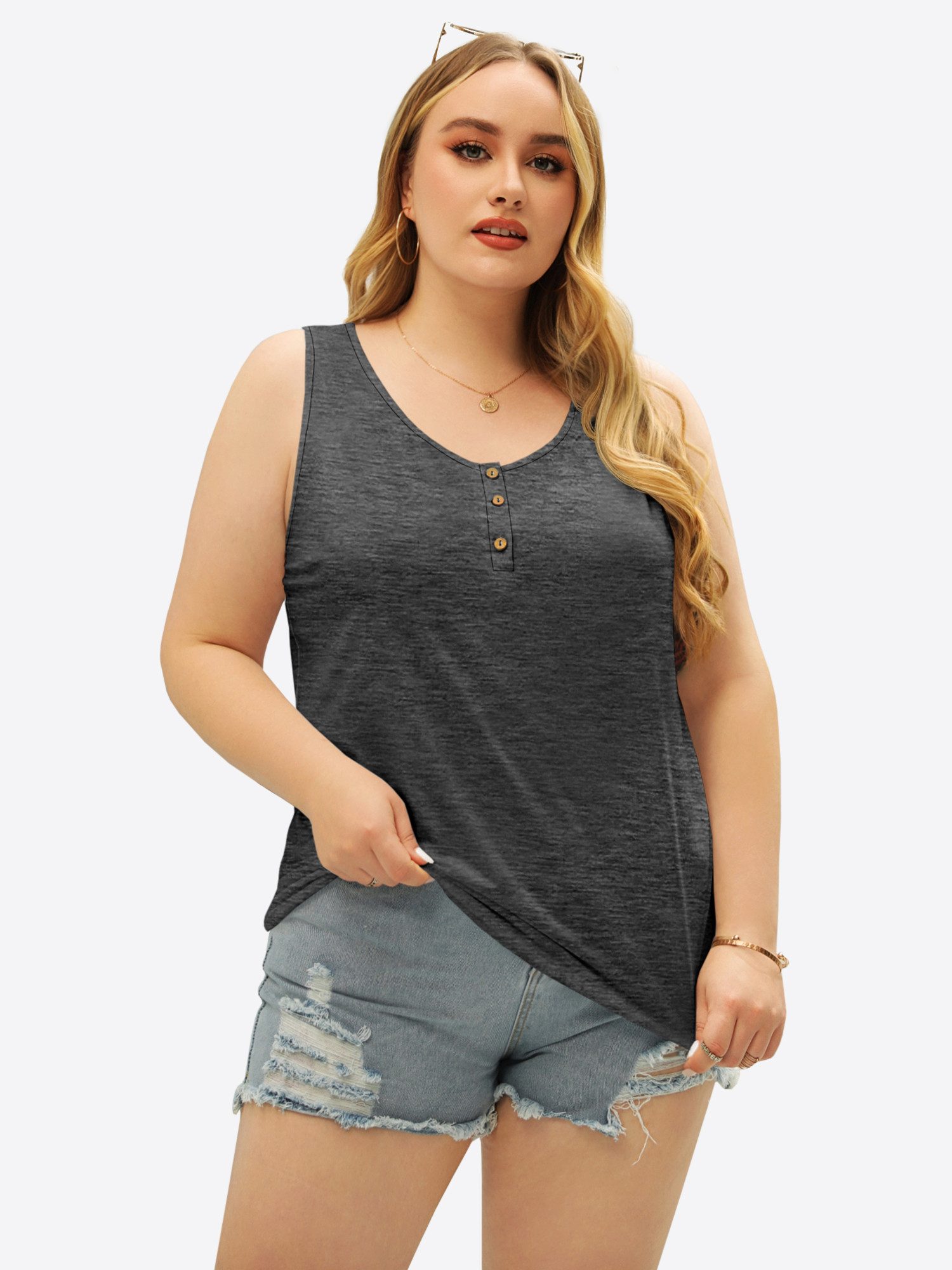 Imily Bela Tanktop Damen Plus Size Ärmelloses Henley-Sommershirt (Packung, 1-tlg., 1per-Pack) Einfarbig – Bild 5 von 5