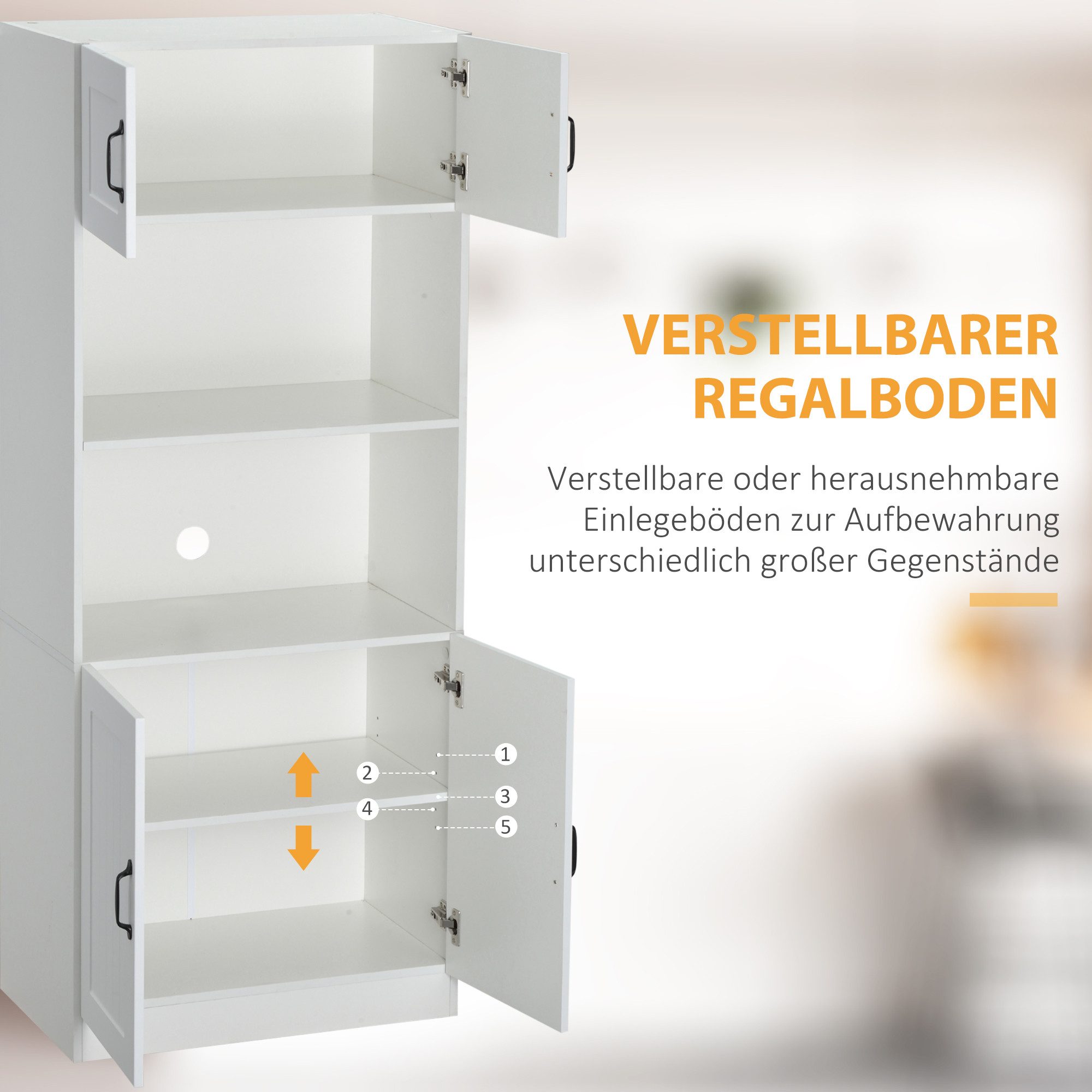 HOMCOM Küchenbuffet Küchenschrank Hochschrank,verstellbaren Regalböden,Mikrowellenregal (Hochschrank, 1-St., Esszimmerschrank) Anti-Kipp-Gurt Landhausstil Weiß – Bild 5 von 5
