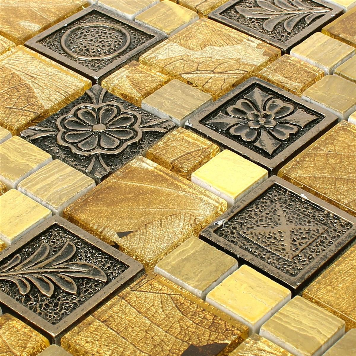 Mosafil Mosaikfliesen Mosaikfliesen Levanzo Glas Resin Ornament Mix, Naturstein-Resin-Glas 30.000x30.000, gold-beige-braun, Verlegefertig auf ein Netz geklebt