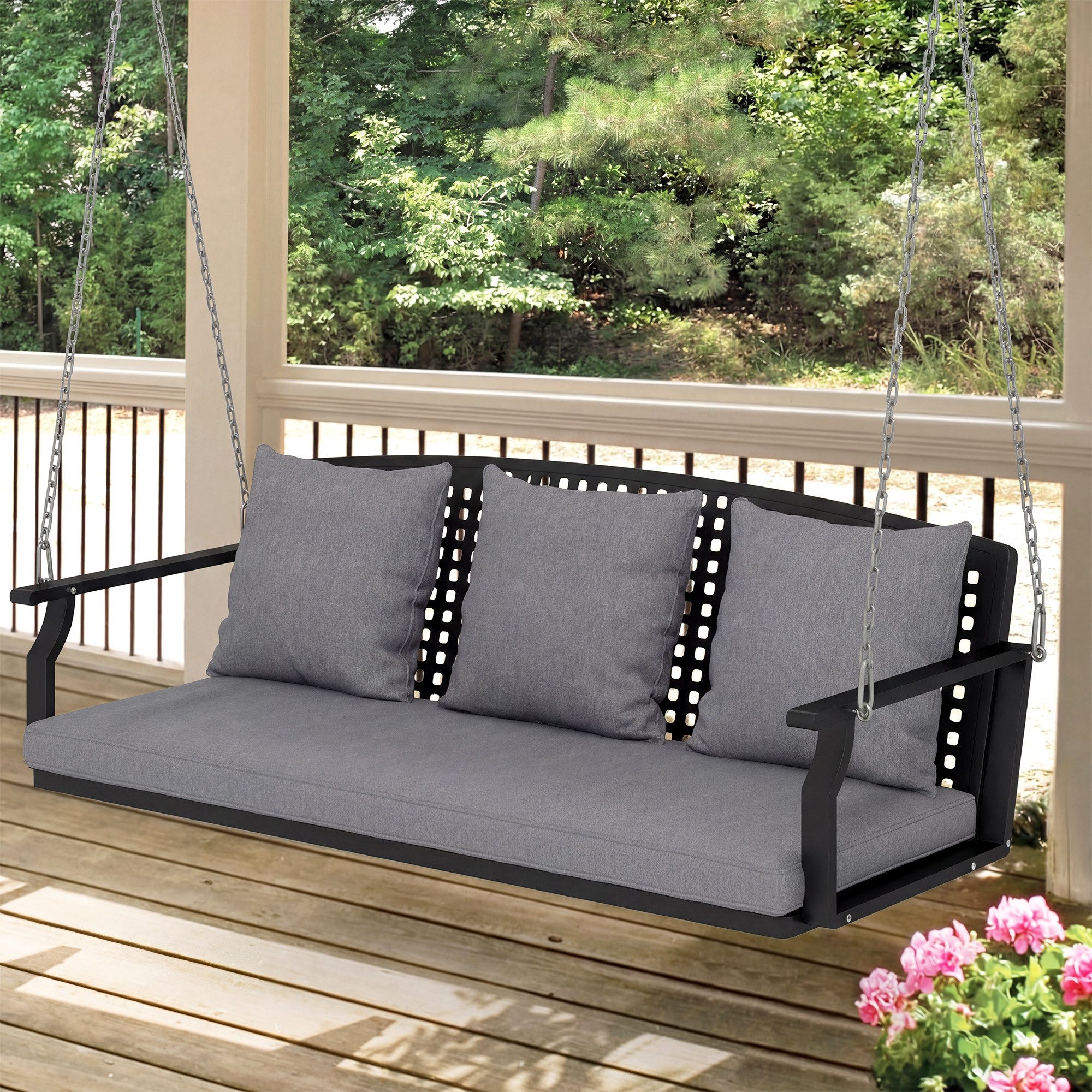 Outsunny Gartenbank Schaukelbank Gartenschaukel (Hängebank, 1-St., inkl. Sitzkissen), 3-Sitzer, wetterfest, höhenverstellbar