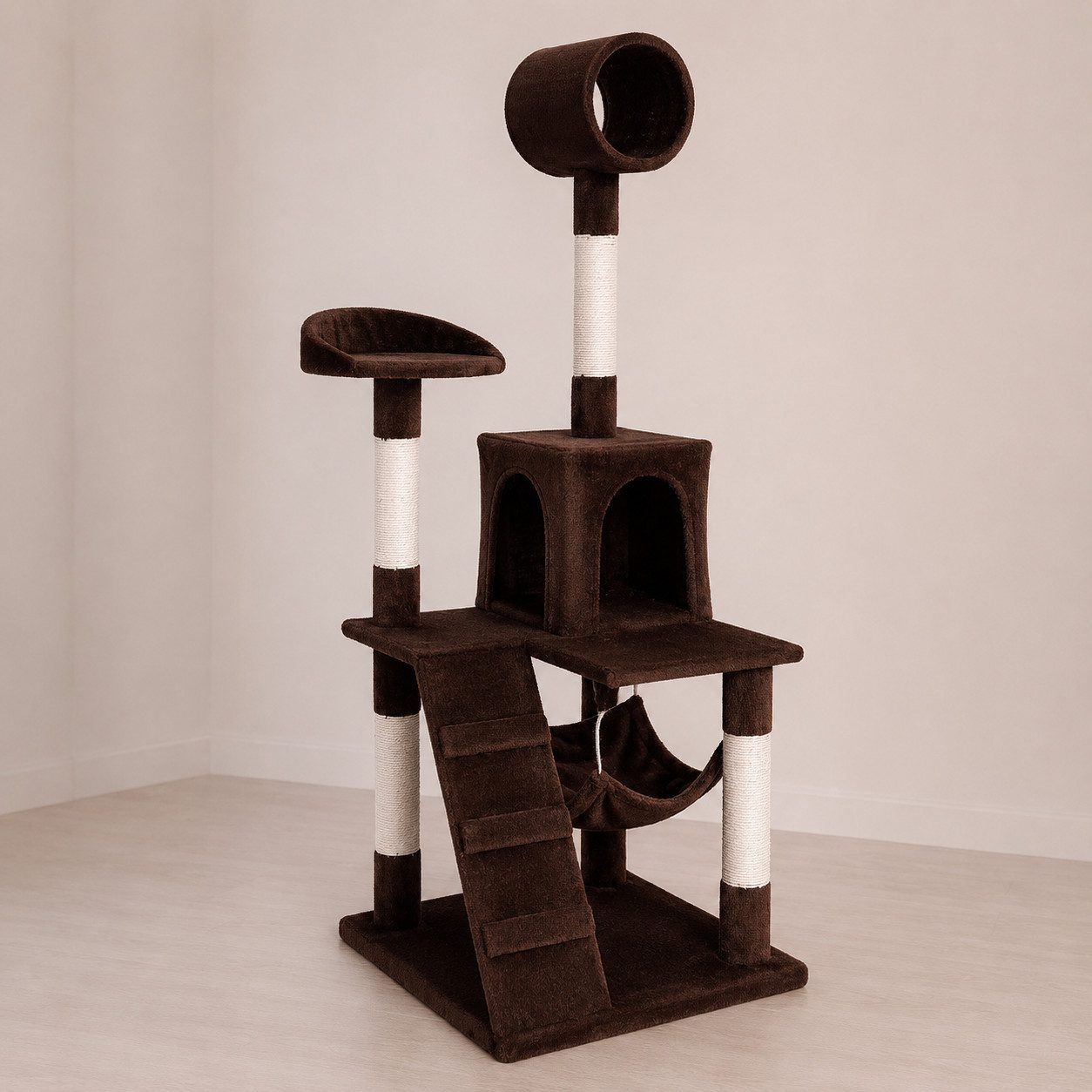 belviona Kratzbaum mit Höhle, Hängematte, Treppe & Liegeplattform, 133 cm, braun, mit Sisalsäulen & Liege-Röhre zum Beobachten