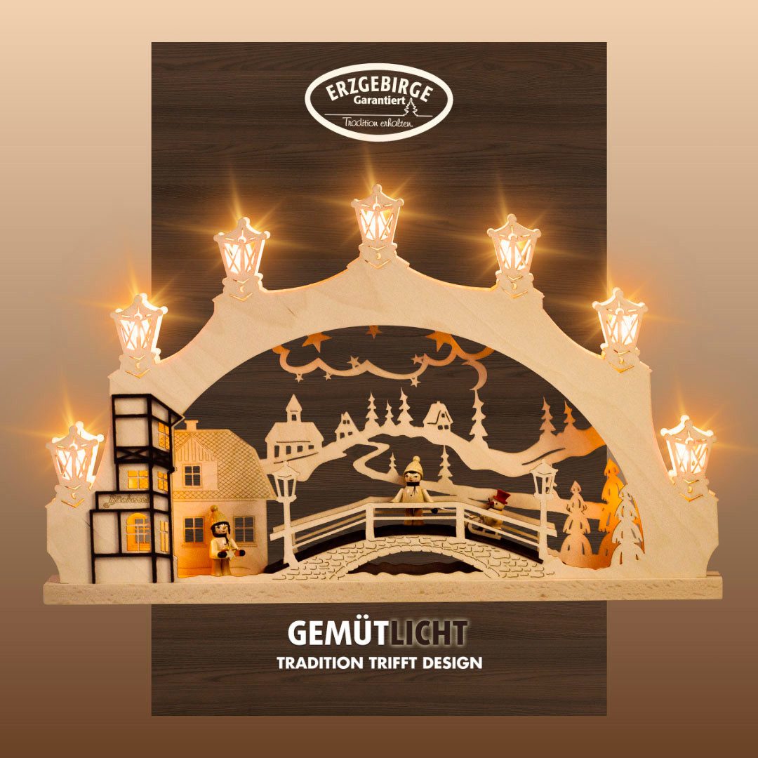 Weigla LED Schwibbogen Winterkind mit handgedrechselten Figuren, Lichterbogen,Made in Germany (1-tlg), Erzgebirge garantiert, Weihnachtsdeko Innen, Weihnachtsbeleuchtung