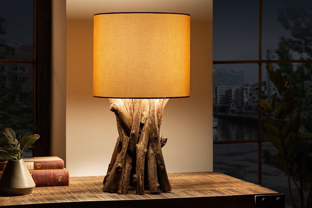 · riess-ambiente · natur, Leuchtmittel, · ohne NATURE Leinen Teakholz Lampenschirm mit · HARMONY Massivholz beige Wohnzimmer 50cm Tischleuchte /