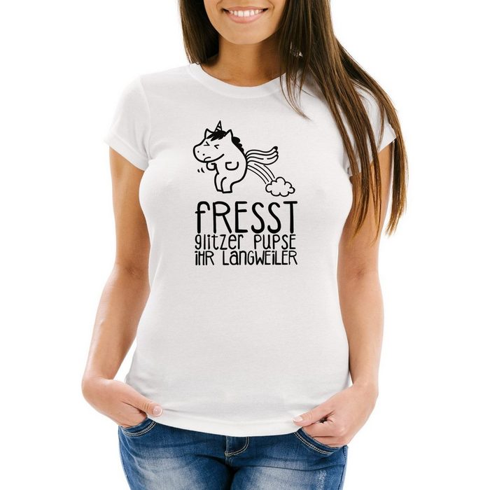 MoonWorks Print-Shirt Damen T-Shirt Einhorn Unicorn Fresst Glitzer Pupse ihr Langweiler Slim Fit Moonworks® mit Print