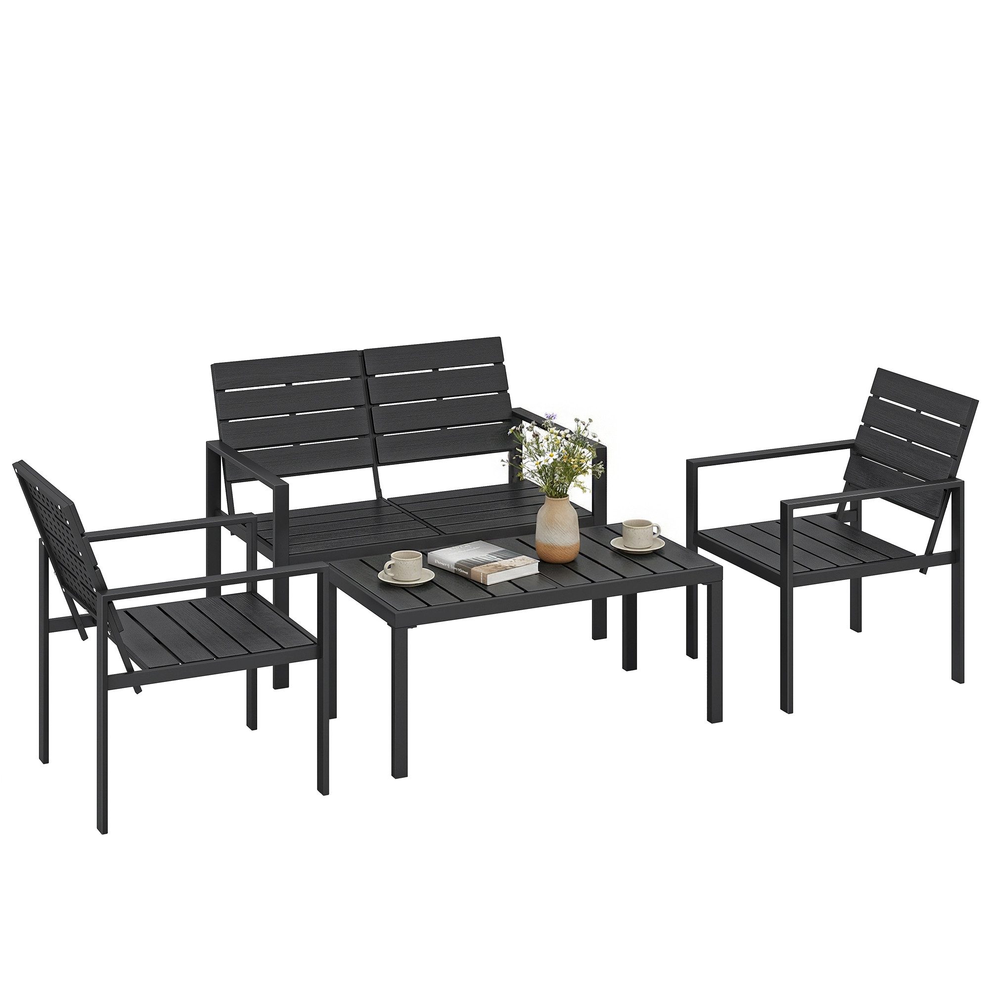 MC Star Gartenlounge-Set Gartenmöbel Set Sitzgruppe für 4 Personen Gartenlounge, (mit 2er Sofa 2 Sessel Beistelltisch Lamellendesign Schwarz)