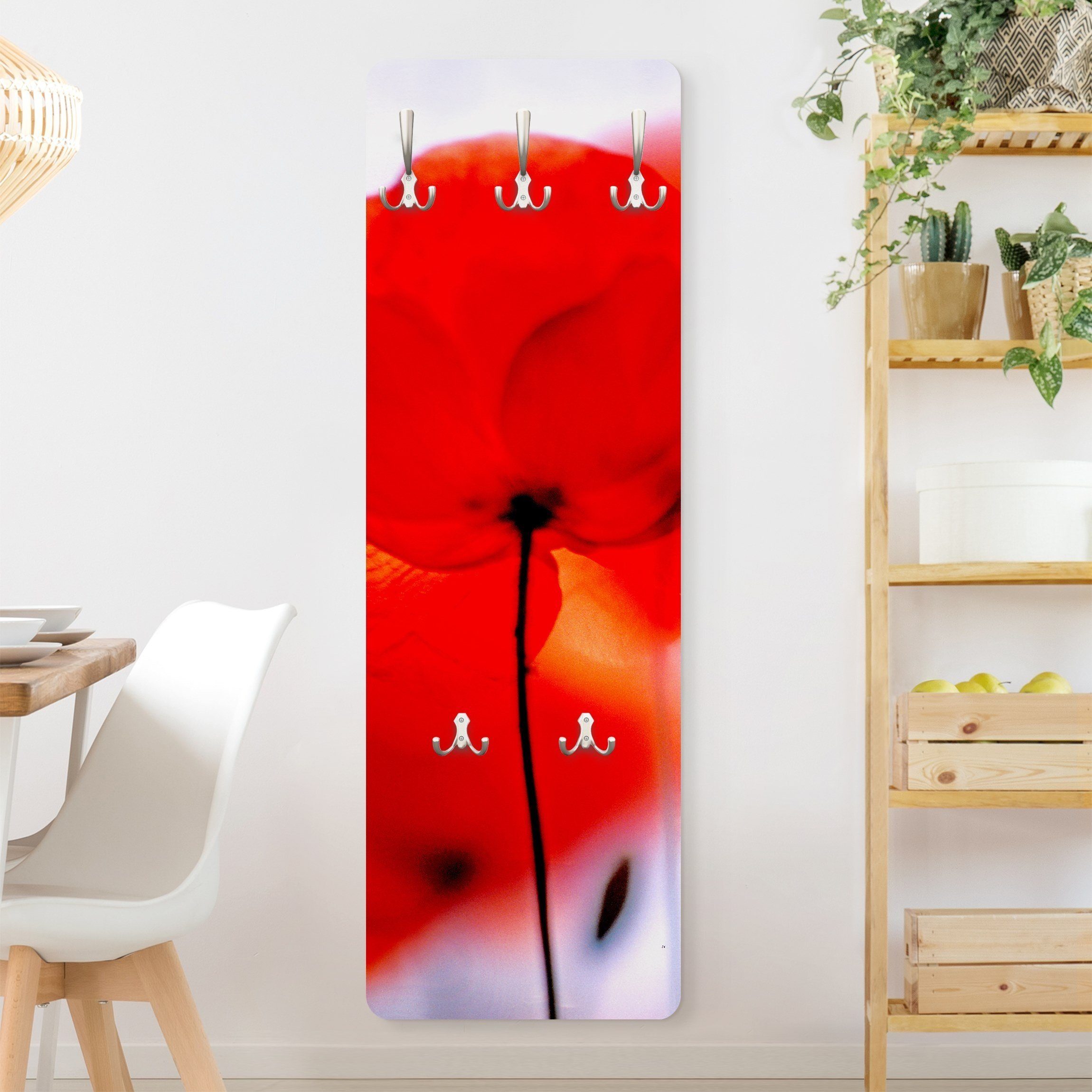 Bilderdepot24 Garderobenpaneel rot Blumen Floral Magic Poppies Design (ausgefallenes Flur Wandpaneel mit Garderobenhaken Kleiderhaken hängend), moderne Wandgarderobe - Flurgarderobe im schmalen Hakenpaneel Design