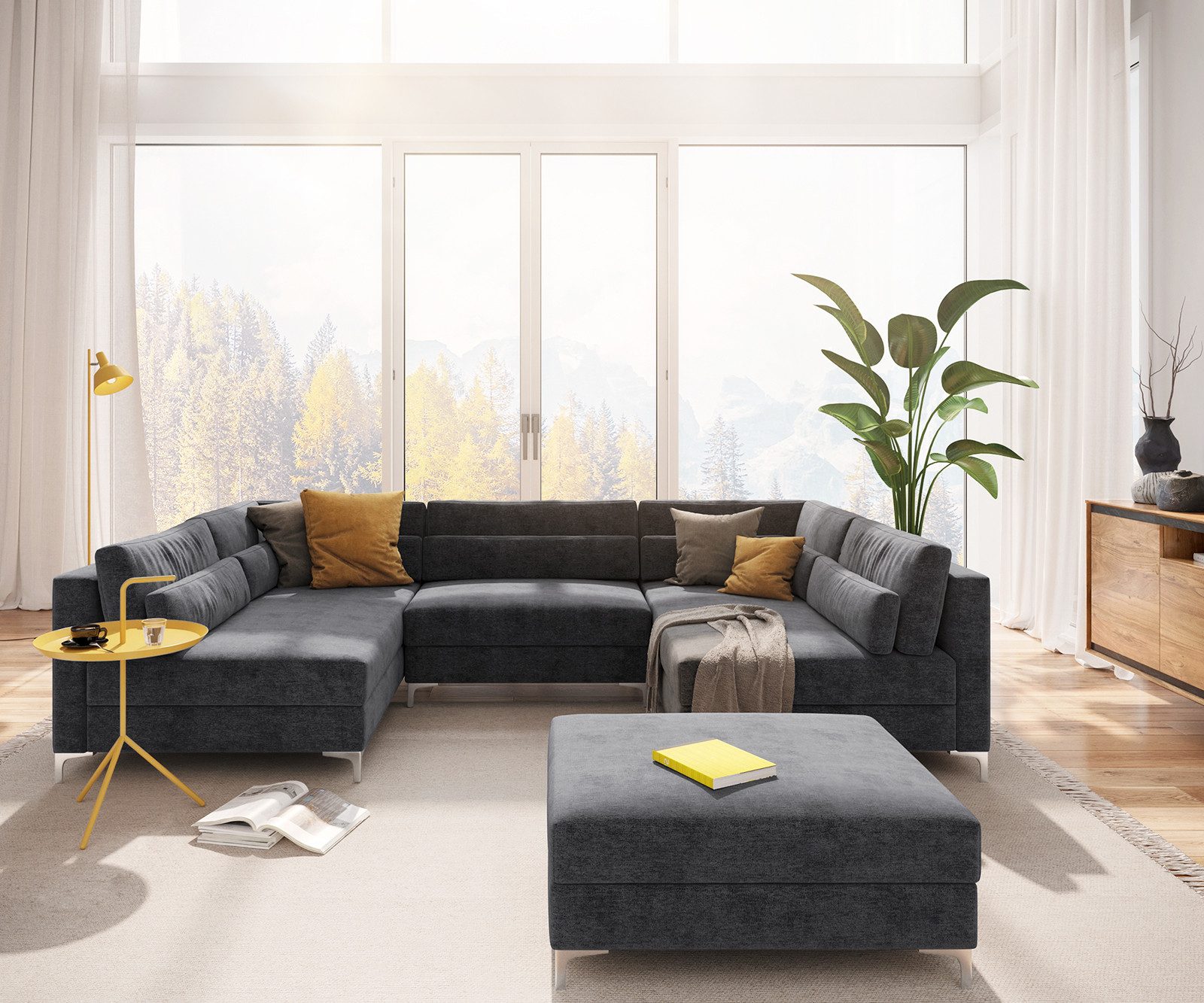 DELIFE Wohnlandschaft Elio, Mikrofaser Graphite 300x185 cm mit Hocker Wohnl günstig online kaufen