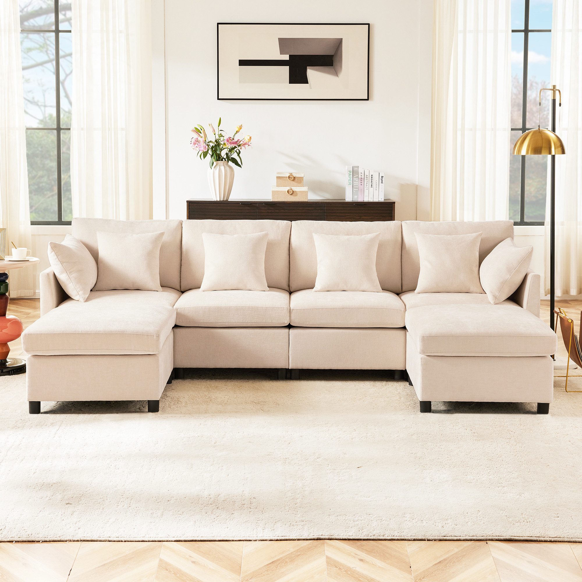 STILVORA Ecksofa 4-Sitzer-Schlafsofa mit Fußhocker,Wohnzimmersofa U-förmiges Sofa couch, Set 1 Teile, mit Relaxfunktion