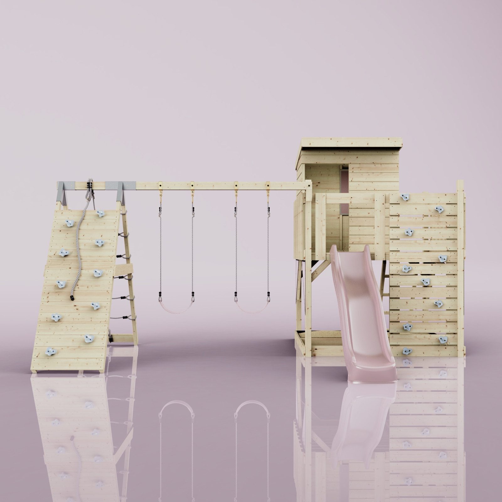 OutdoorToys Spielturm Frida, aus Holz in Altrosa mit Kinderschaukel & Rutsche, Kletterwand