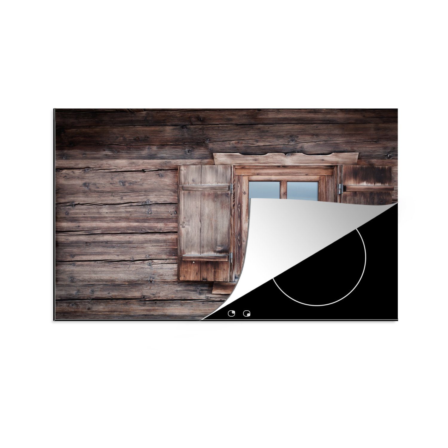 MuchoWow Herdblende-/Abdeckplatte Eine Blockhütte mit offenem Fenster, Vinyl, (1 tlg), 81x52 cm, Induktionskochfeld Schutz für die küche, Ceranfeldabdeckung