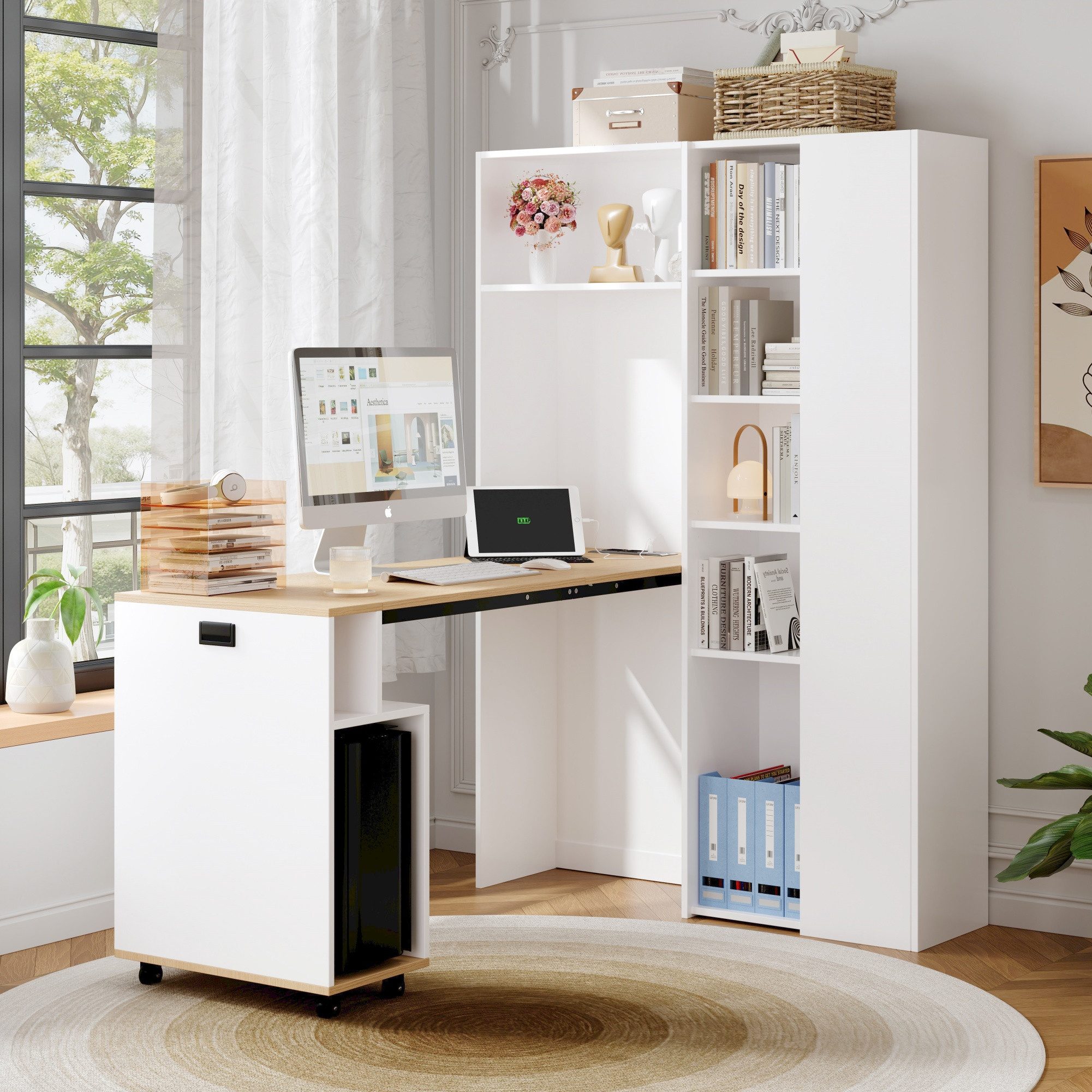 Flieks Regal-Schreibtisch Bücherregal mit Steckdose und USB-Anschluss inkl. ausziehbarer Tisch (1-St., Mehrzweckschrank mit verstellbar Einlegeböden, Holzoptik Tischplatte), 2-in-1 Hochschrank & klappbar Computertisch L- formig Bürotisch weiß