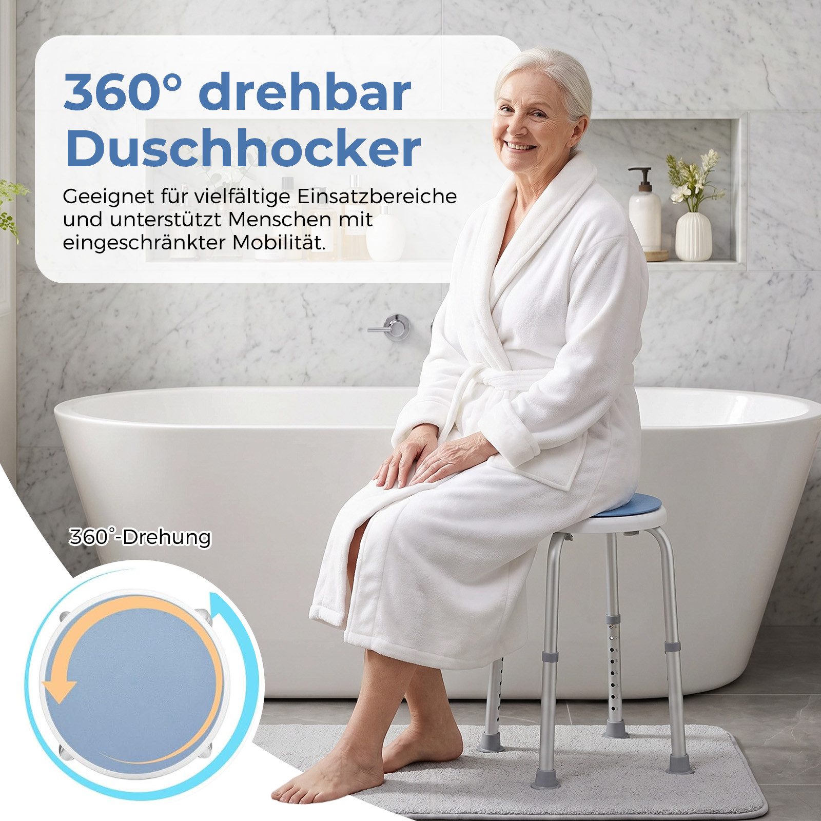 AKKEE Duschhocker 360° drehbarer Hocker Höhenverstellbar Belastbarkeit 136 kg, belastbar bis 136 kg, Badhocker Für ältere Menschen geeignet