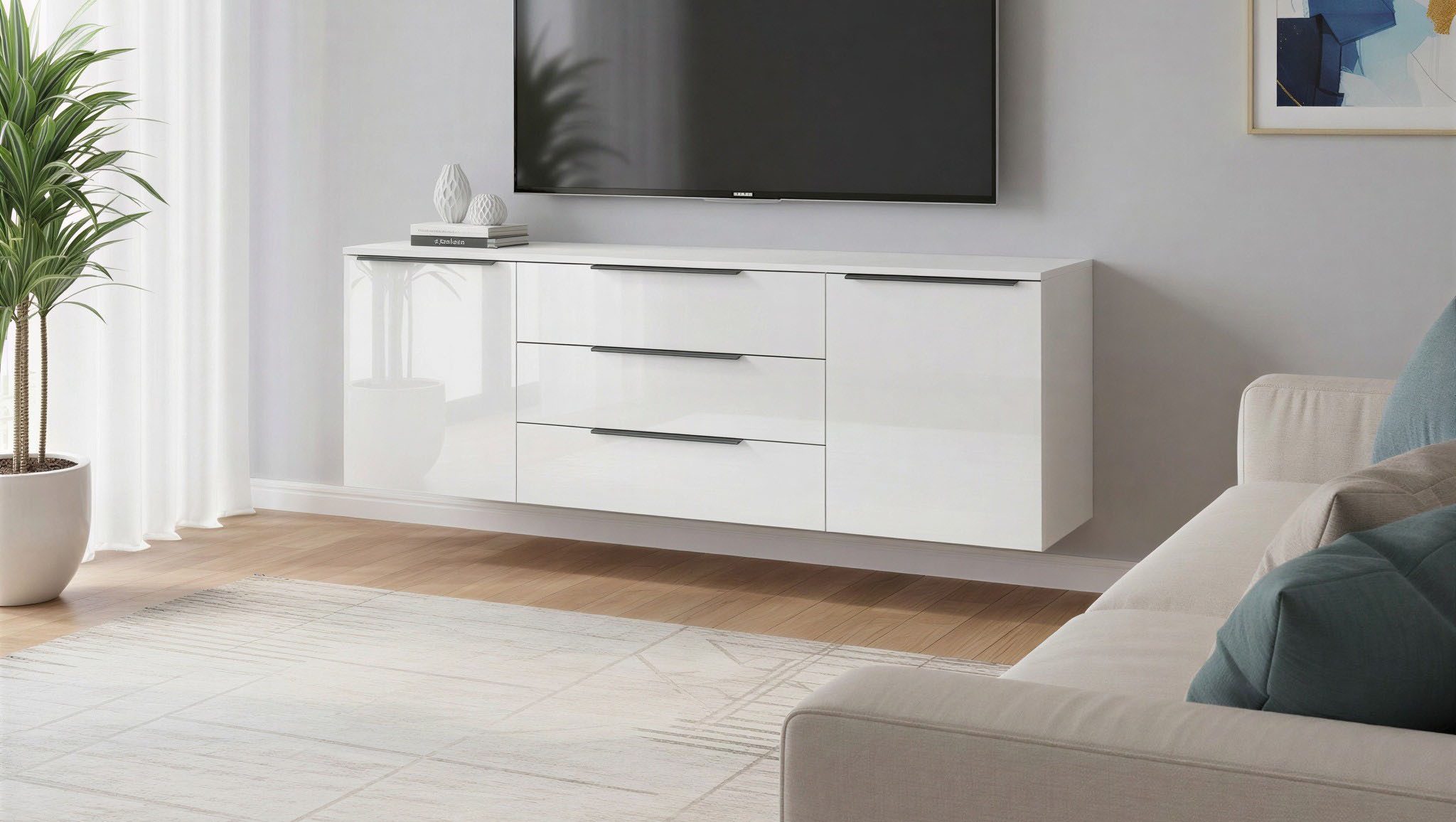 borchardt Möbel Sideboard Tom, Kommode Breite 166cm, hängend oder stehend mit Metallgriffen, 2 Türen 3 Schubkästen, verstellbare Einlegeböden
