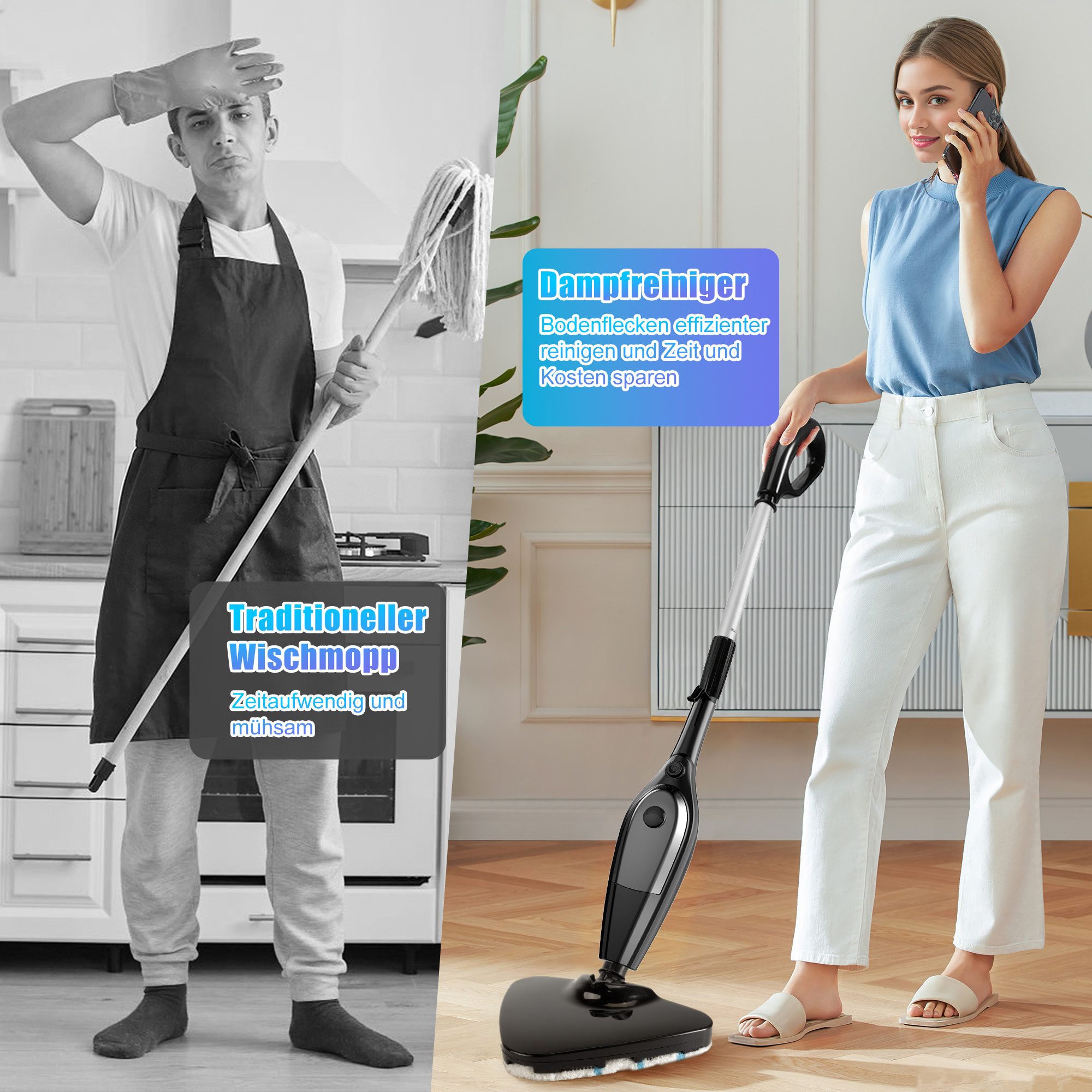 ibettertec Dampfreiniger 9-in-1-Dampfreiniger, Dampfmopp mit Mikrofaserpad, 2000 W, Aufheizzeit: 30 Sekunden, 400ml Wassertank, Hygienische Bodenreinigung ohne Chemie, Entfernt bis zu 99,9 % von Bakterien & Viren - Für alle Böden