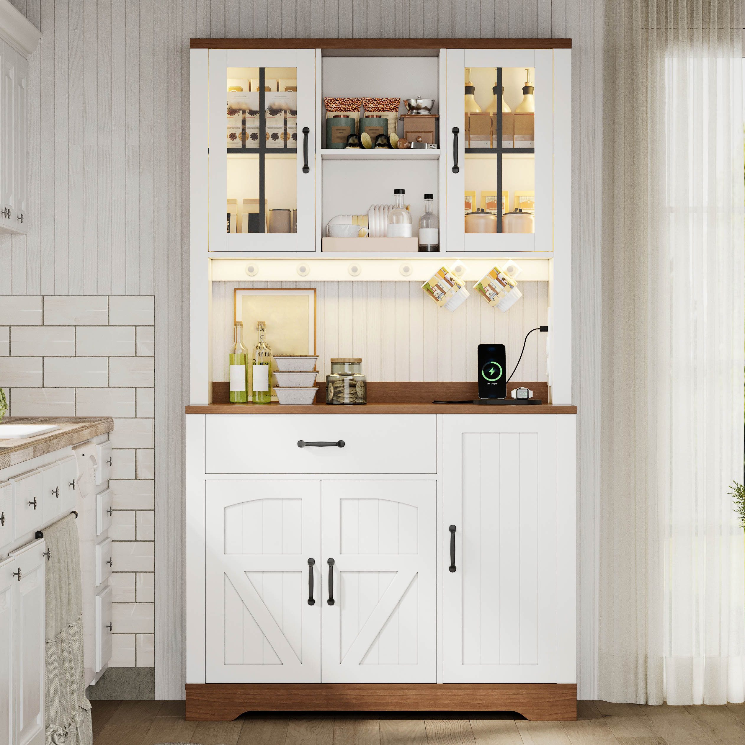 Celya Küchenbuffet Küchenhochschrank im Scheunenstil mit LED-Beleuchtung und Steckdosen (mit verstellbaren Einlegeböden, Schubladen, Edelstahlhaken) Ideal für Esszimmer, Wohnzimmer und Küche