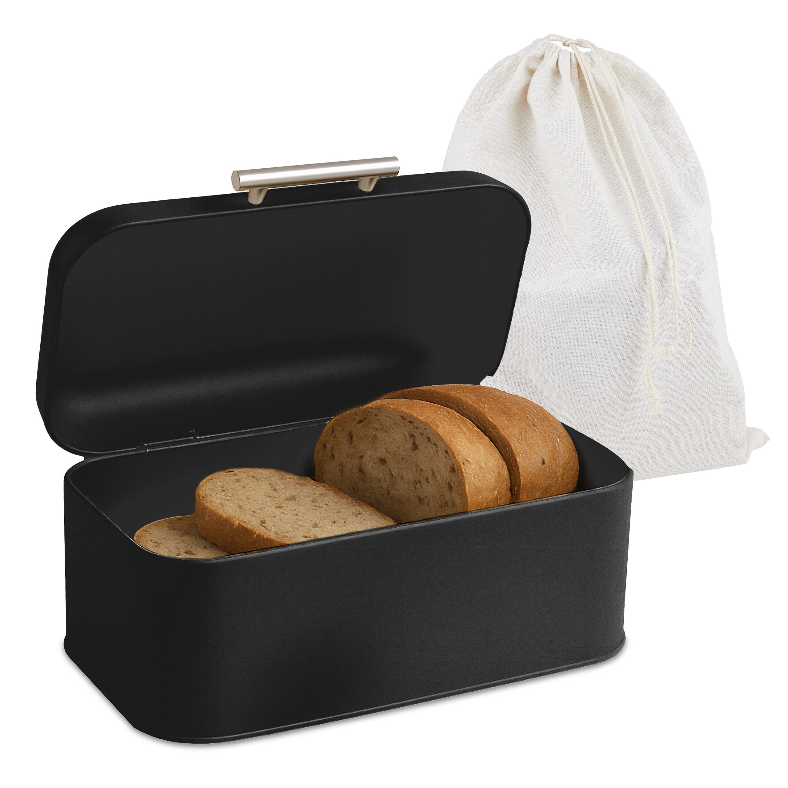 relaxdays Brotkasten mit Deckel und Brotbeutel, Eisen, (2-tlg), schwarz
