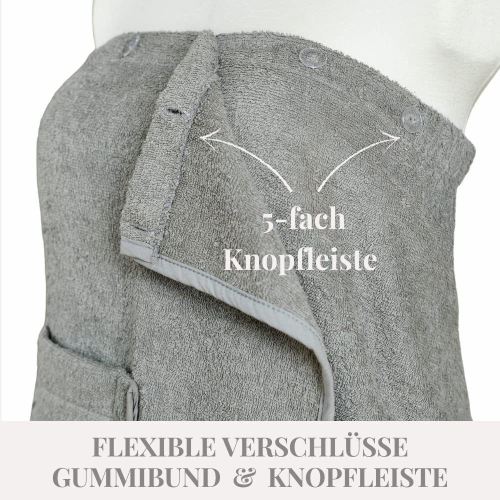 grau OneSize Saunakilt & Saunatuch, & Baumwolle, Knopfleiste Saunatuch Sauna-Kleid Weiches Herren flexibler Damen 5-fach Sarong, Sauna Frottee Gummibund Carenesse Kilt Set