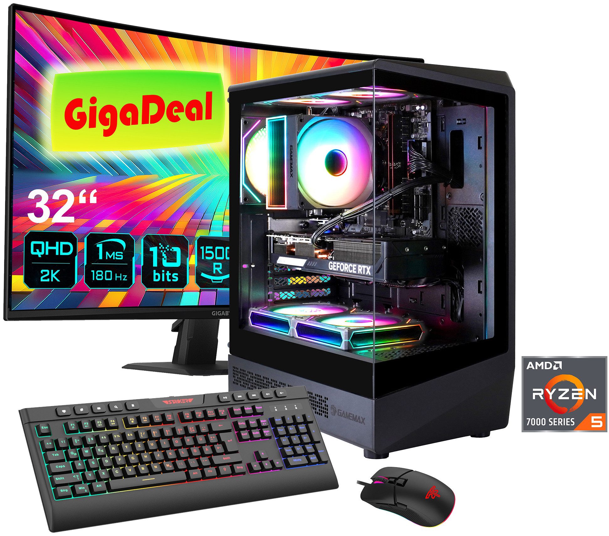 GAMEMAX GigaDeal VISTA COC AB 2791 Ryzen 5 7500F 16GB DDR5 1TB SSD RTX 5070 Gaming-PC-Komplettsystem (32", AMD Ryzen 5 7500F, RTX 5070, 16 GB RAM, 1000 GB SSD, Windows 11, DDR5 RAM + Gigabyte GS32QCA LED-Monitor Curved, 80 cm 32)