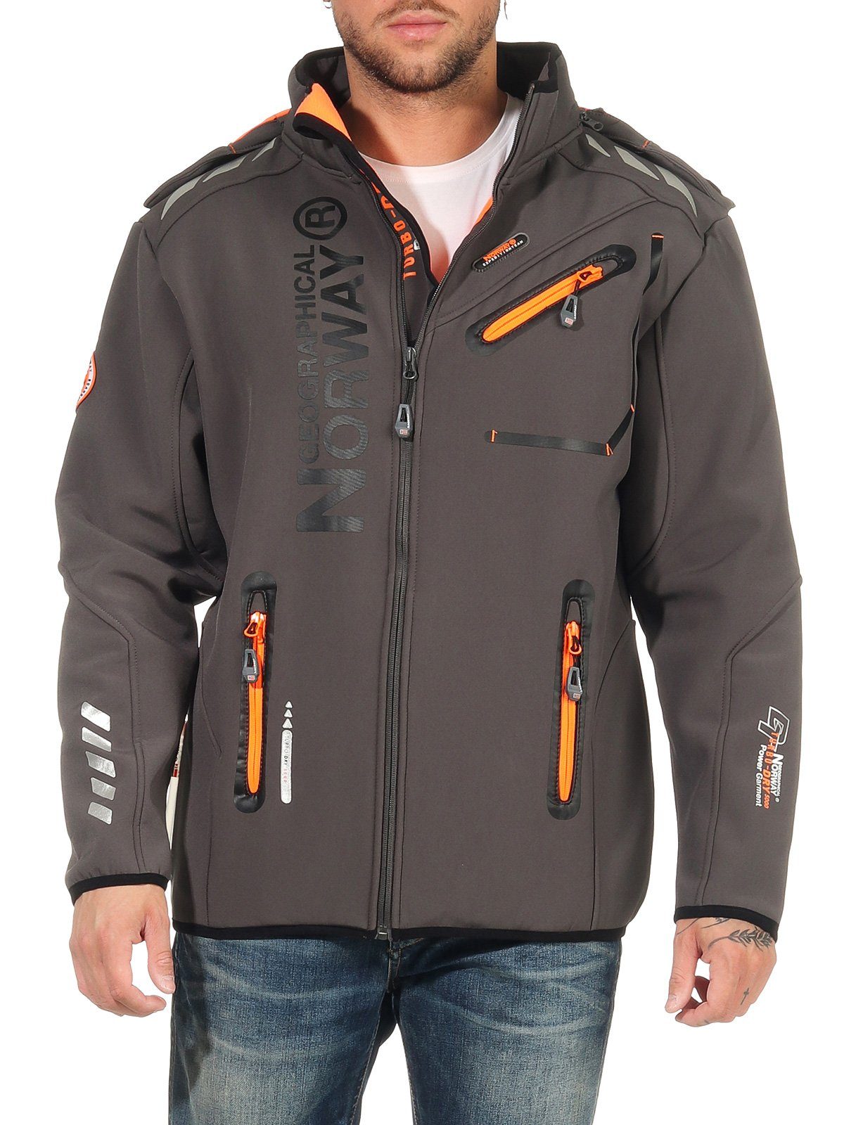 Geographical Norway Softshelljacke Herren Softshell Sport Outdoor Wander Trekking Jacke in Unifarbe, mit abnehmbarer Kapuze, mit Stehkragen