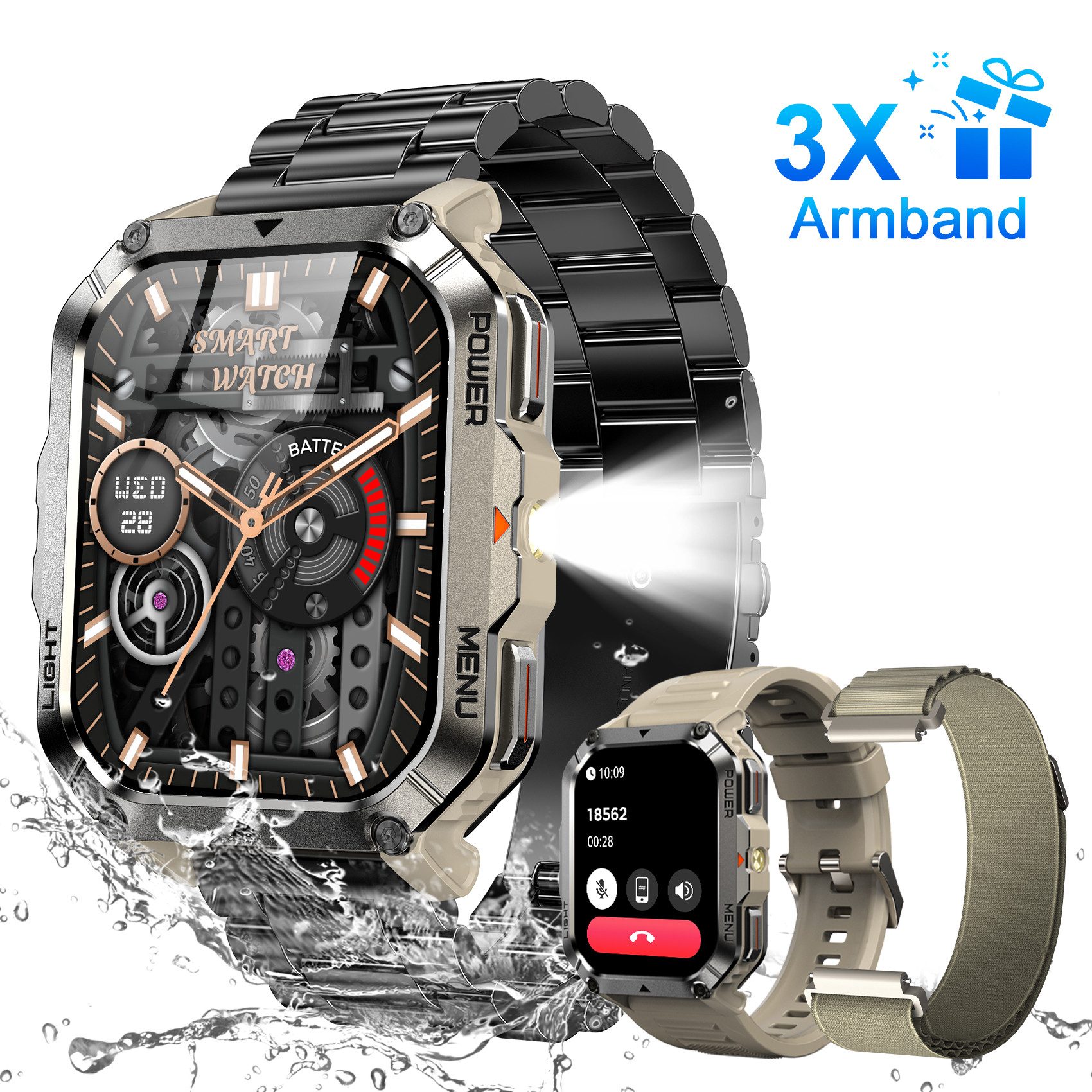 blackview Militär-Smartwatch Herren mit 900mAh Akku/LED-Taschenlampe/Kompass/SOS Smartwatch (2.01 Zoll, iOS/Android), 3-tlg., 3 x Riemen / 2 x Riemen und Ladekabel, Herzfrequenz,SpO₂& Schlafüberwachung,100+ Sportmodi,Schrittzähler,IP68