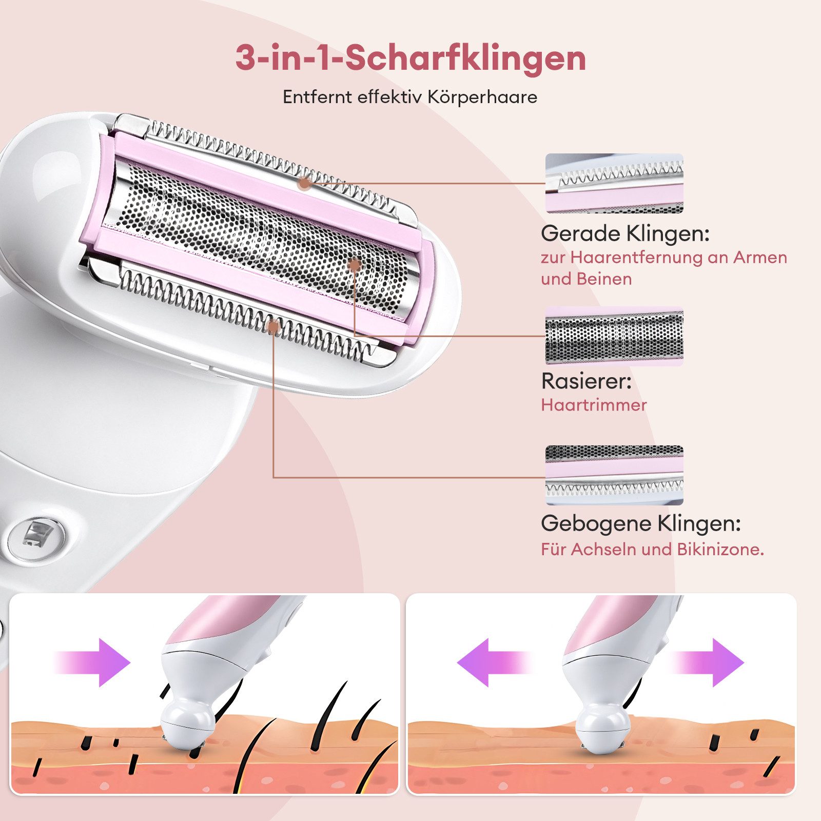 CkeyiN Epilierer Damen 5 IN 1 Damenrasierer IPX7 Nass und Trocken-Epilierer 6500U/min, Aufsätze: 5 St., mit Rasier-,Trimmer-,Gesichtsreinigung- und Pflege Aufsatz Reisesperre