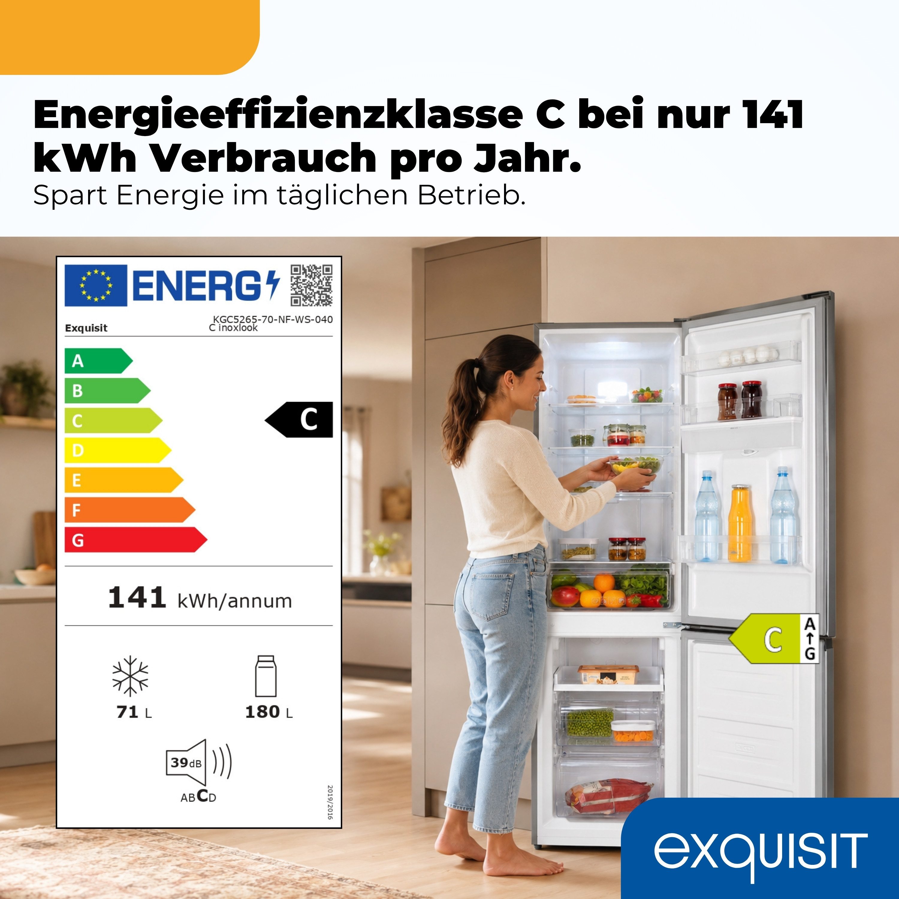 exquisit Kühl-/Gefrierkombination KGC5265-70-NF-WS-040C, 180,5 cm hoch, 54 cm breit, 251 l Nutzinhalt, LED Beleuchtung, Energieklasse C, 39 dB