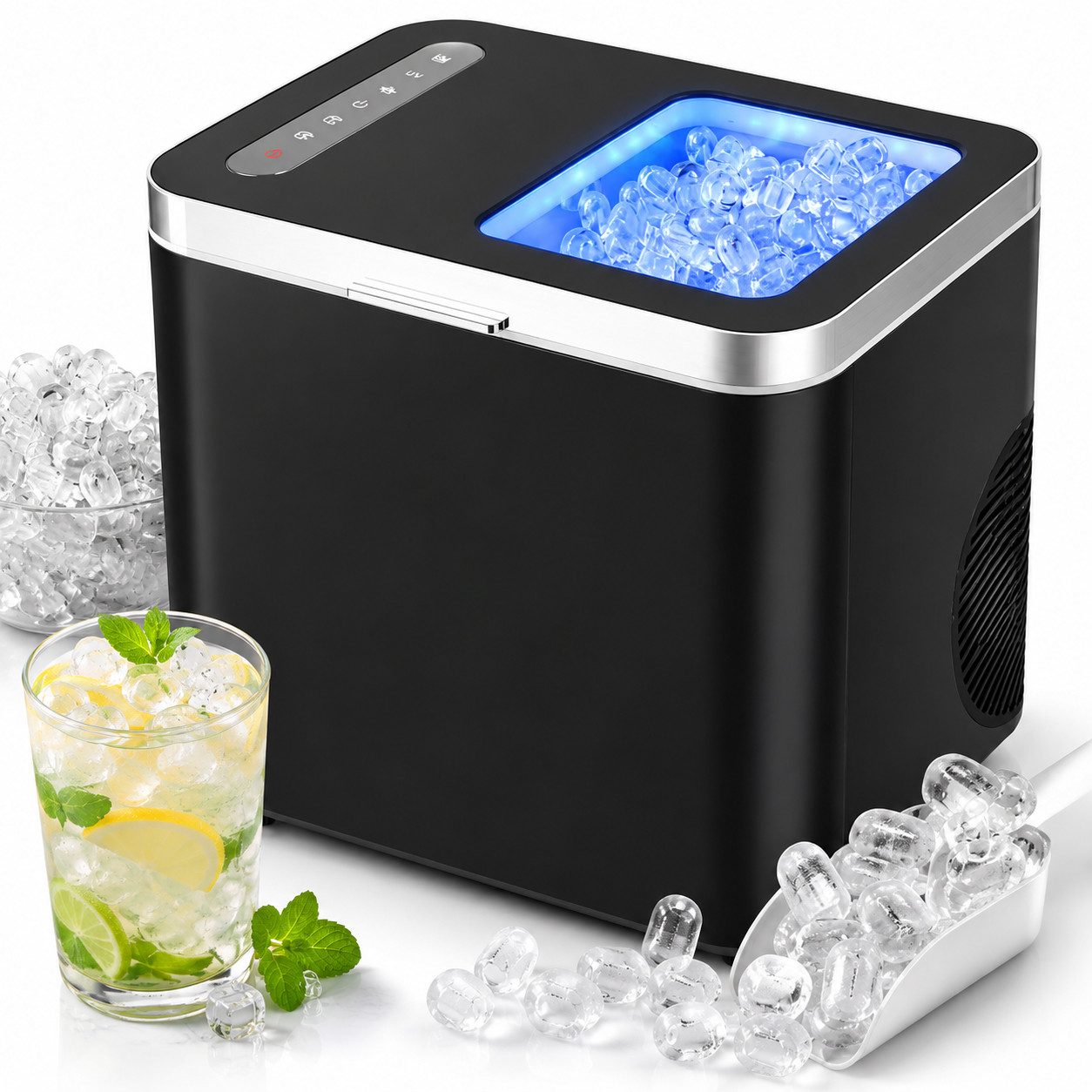 Nettlife Eiswürfelmaschine Eiswürfel 1.3L Wassertank leistungsstarkem Kompressor 12 kg Eis/24h UV, Eismaschine selbstreinigend UV-Desinfektion schnell für Zuhause/Party