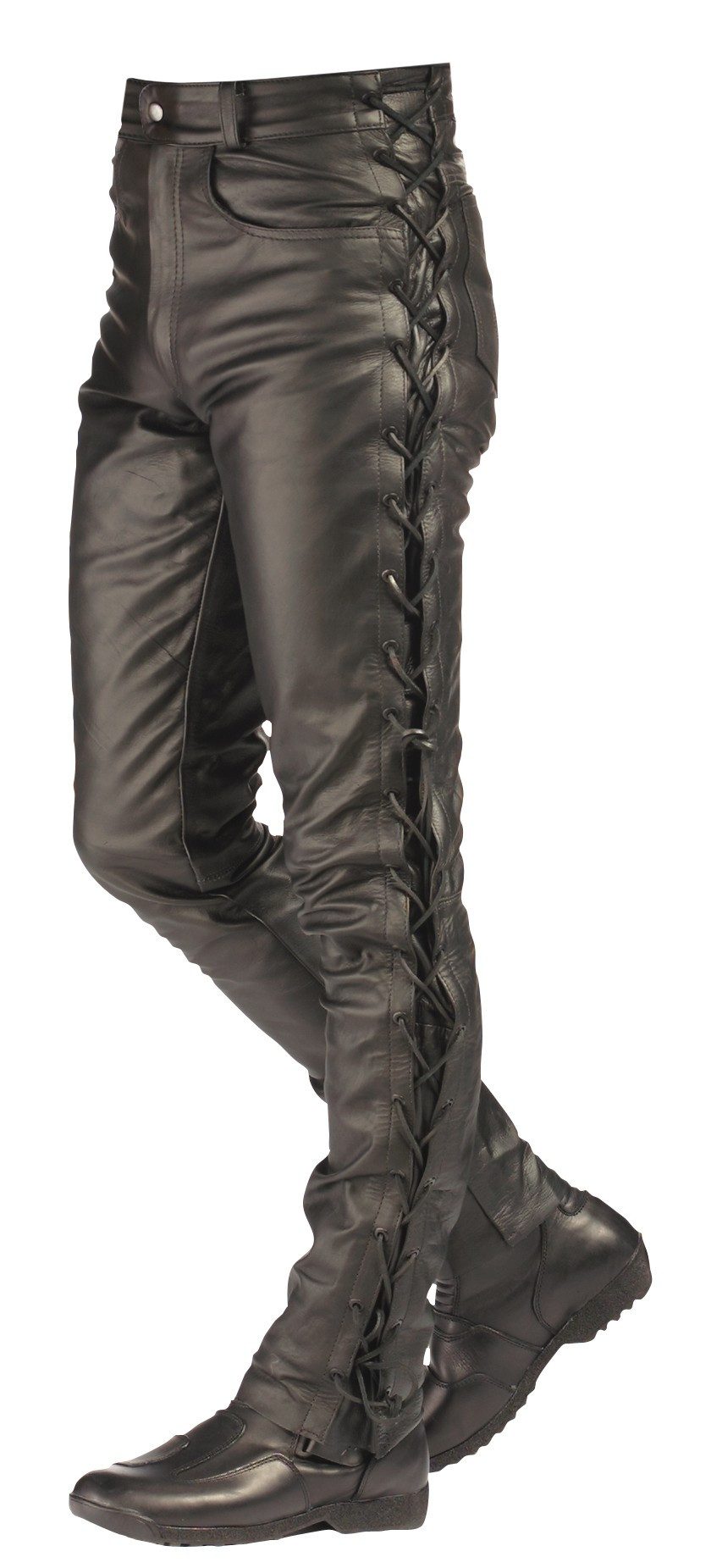 roleff Motorradhose RO3 Lederjeans– Klassische schwarze Lederhose mit seitlicher Schnürung