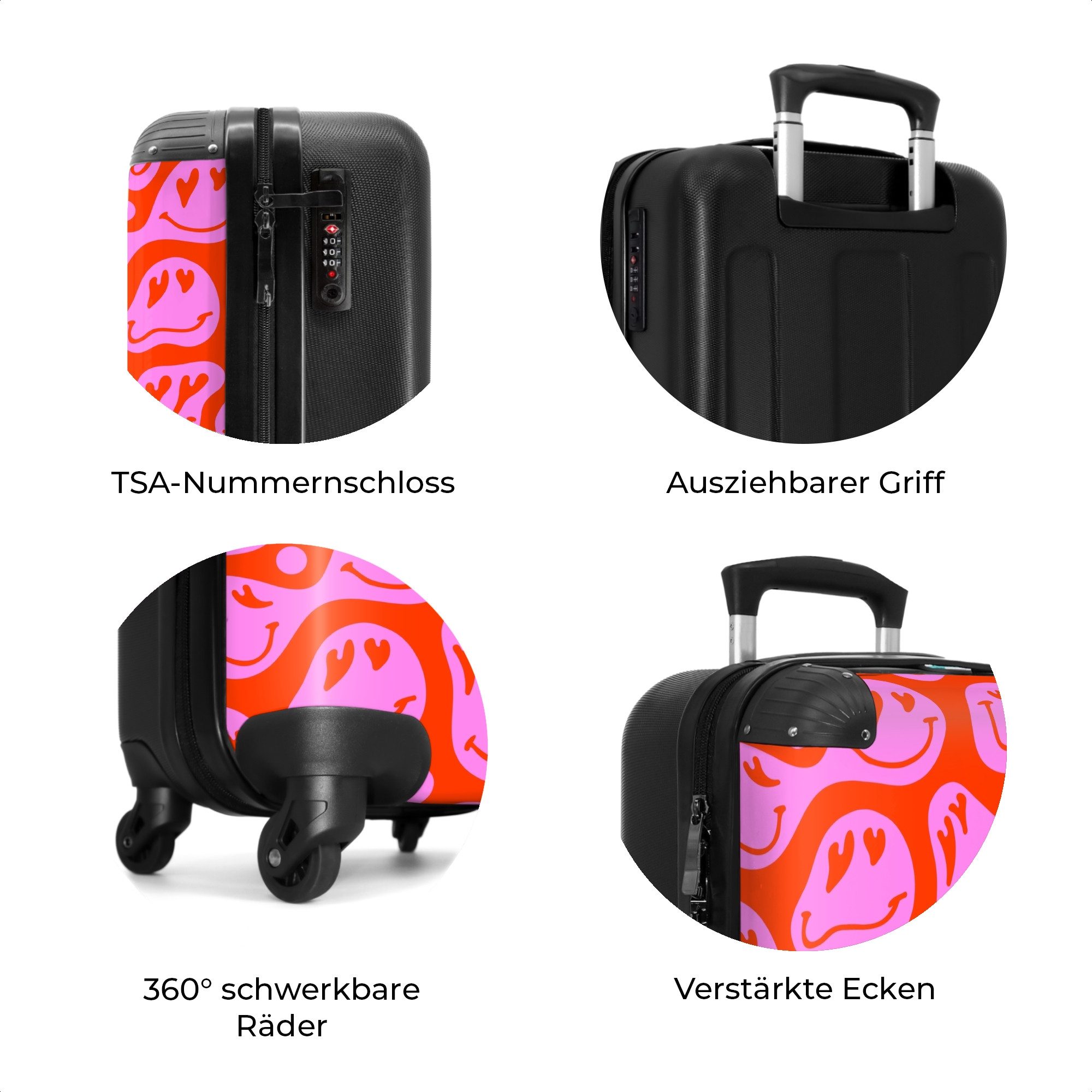 NoBoringSuitcases.com© Hartschalen-Trolley Abstrakte Smiley-Figuren mit Herzaugen auf rot und rosa 55x35x20cm, 4 Rollen, Handgepäck Koffer & Trolleys, Luggage, Reisekoffer Frauen