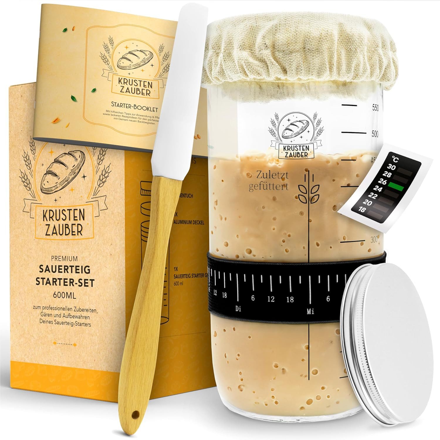 Krustenzauber Brotbackform Sauerteig Starter Set - Gärglas mit Spatel u. Thermometer -, (Brot Backen Zubehör, Sauerteig Glas, Fermentieren, 1-tlg), Sourdough Starter Kit, Anstellgut Glas Behälter, Fermentierglas