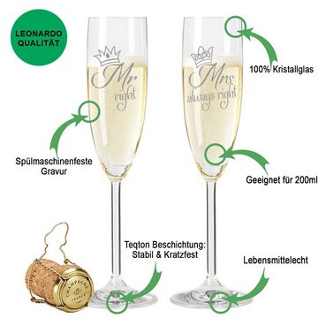 GRAVURZEILE Sektglas Leonardo Sektgläser Mr. Right & Mrs. Always Right - Sektgläser zur Hochzeit - Hochzeitsgeschenke für Brautpaar - Lustige Geschenkidee, Glas