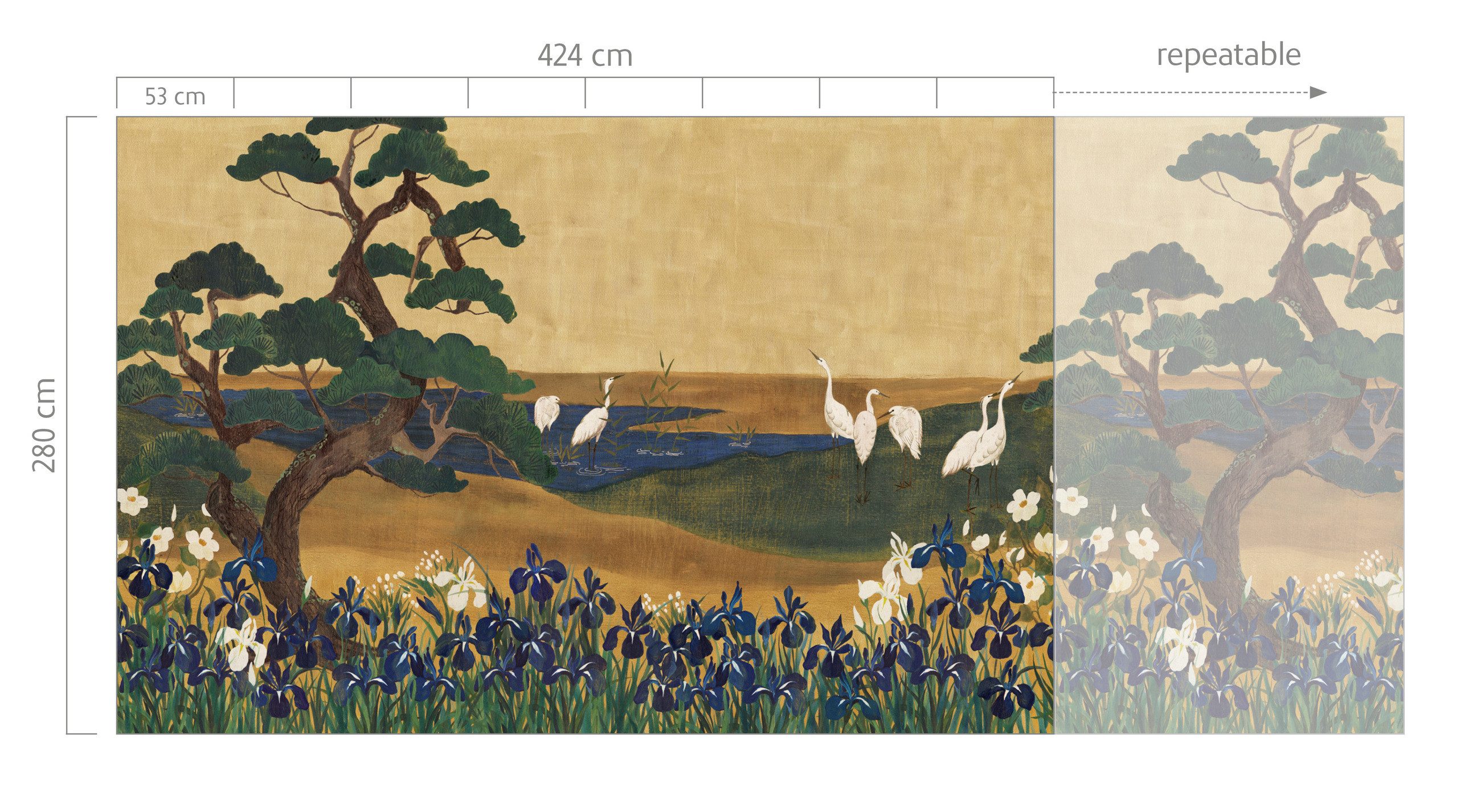Rasch Fototapete Landschaft mit Kranichen und Bäumen - 2,8m x 4,24m - Noble Zen, strukturiert, Kunst, asiatisch, (1 St), Kraniche, Gemälde